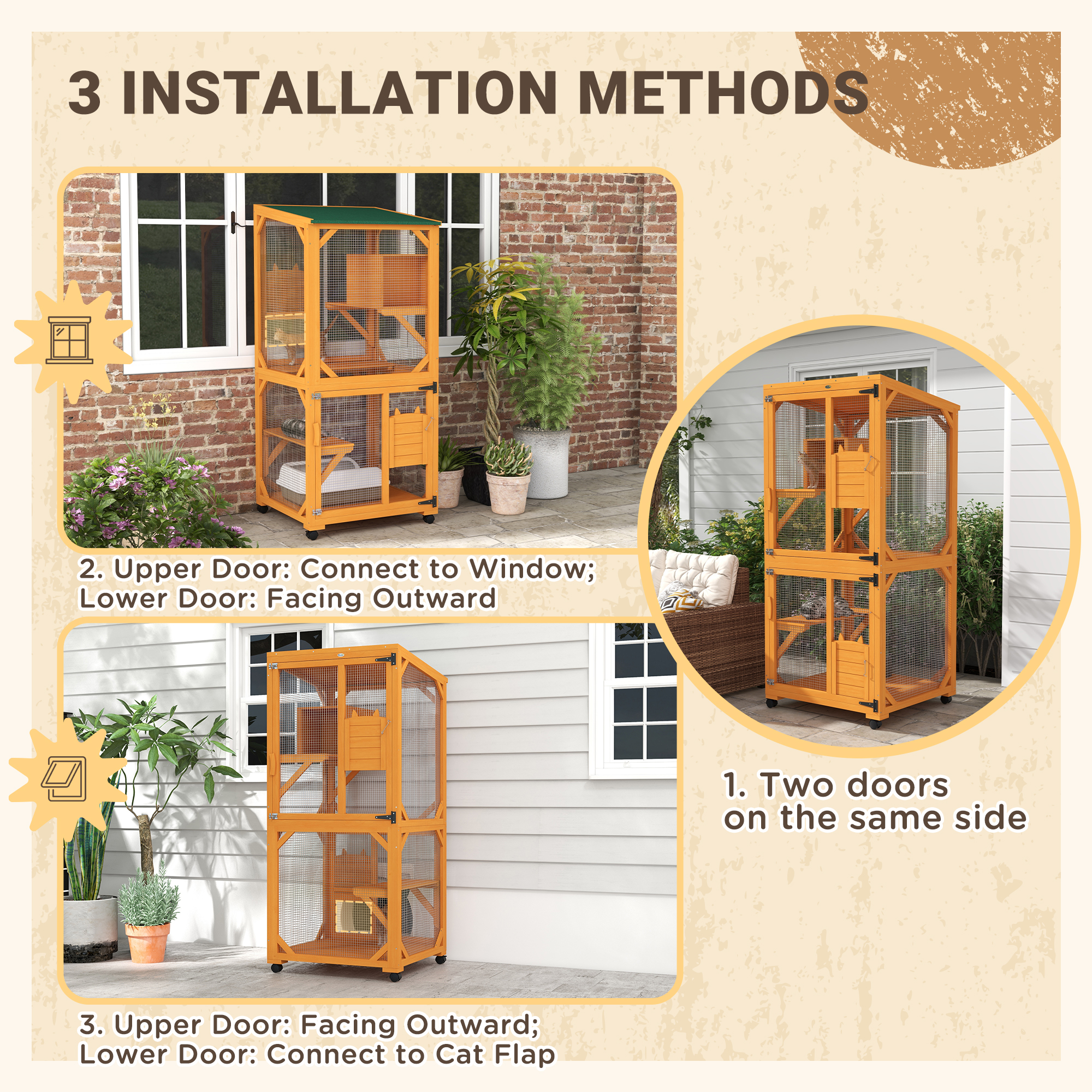 Large Cat House For 1-3 Cats On Wheels Wooden Catio Enclosure Orange — imagen 4