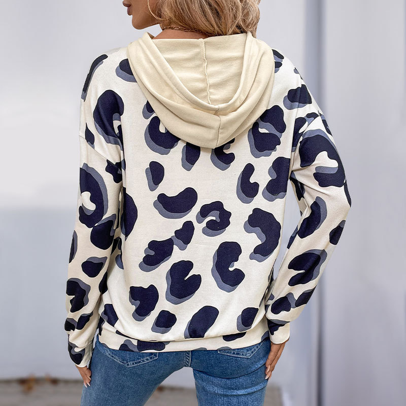 Leopard Print Spliced Hollow Out Faux Two-Piece Hooded Sweatshirt for Women — image 4