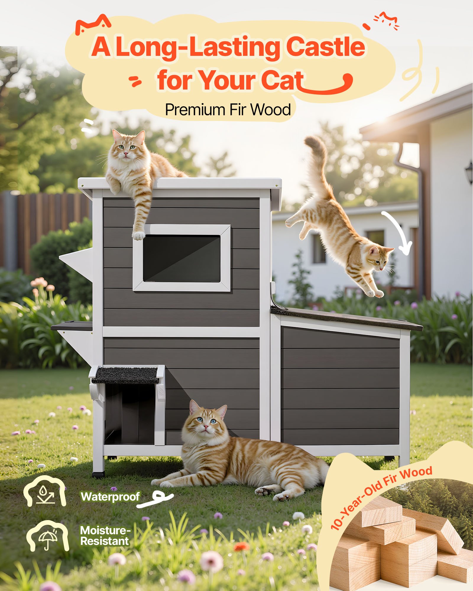 Casa de Perro al Aire Libre 2 Niveles, Refugio de Madera para 3 Gatos Exteriores en Invierno, Alcoba con Escaleras para Gatos Ferales con Ventanas Claro y Puertas de Velo, Condominios de Gatos Impermeables para Jardín 42 × 25 × 34 Pulgadas — imagen 5