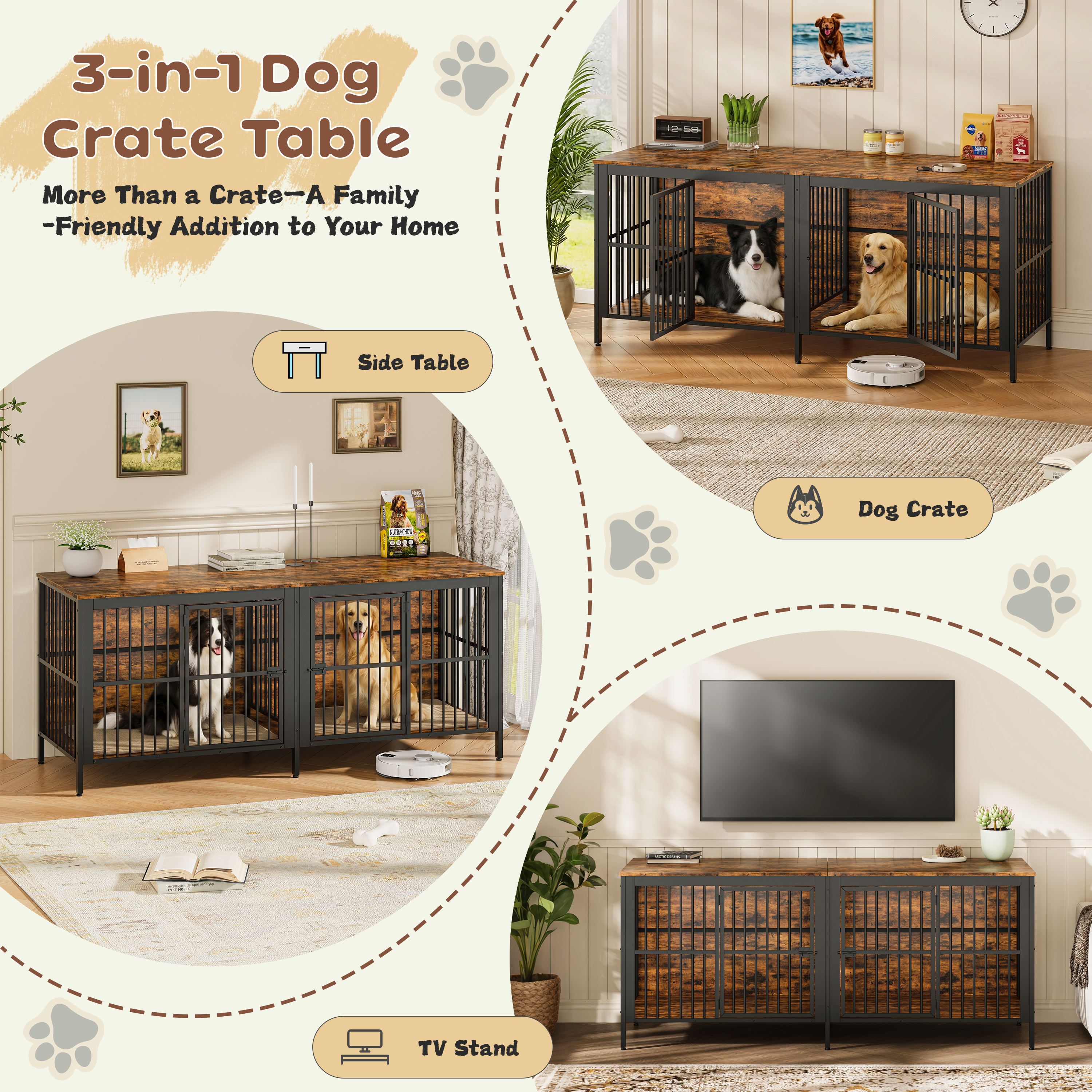 80 Dog Crate End Table, Heavy Duty 2-Door Indoor Pet Kennel, Multipurpose Dog House Furniture As TV Stand Or Side Table For Living Room, Large & Medium Dogs. Rustic Brown — image 2