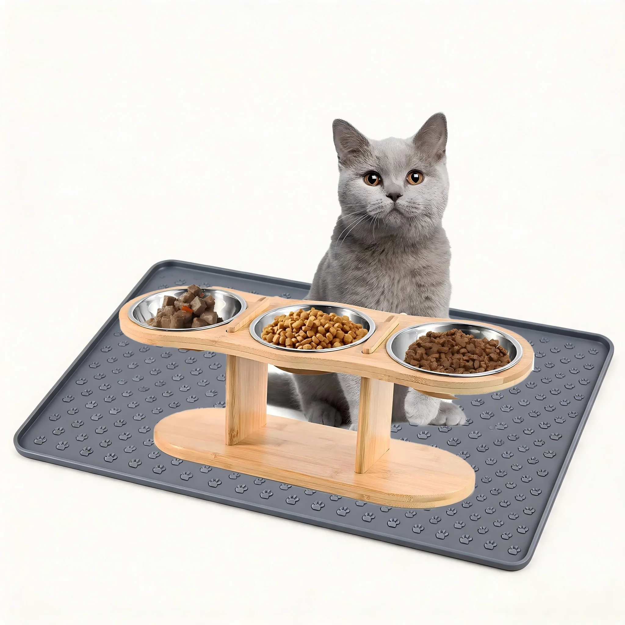 Tazones de 3 en 1 con Matriz de Almohadilla de Silicón para Comida, Pico y Agua con Tiltado de 15°, Mesa Elevada de Madera con 3 Tazones de Acero Inoxidable para Gatos y Perros — imagen 1