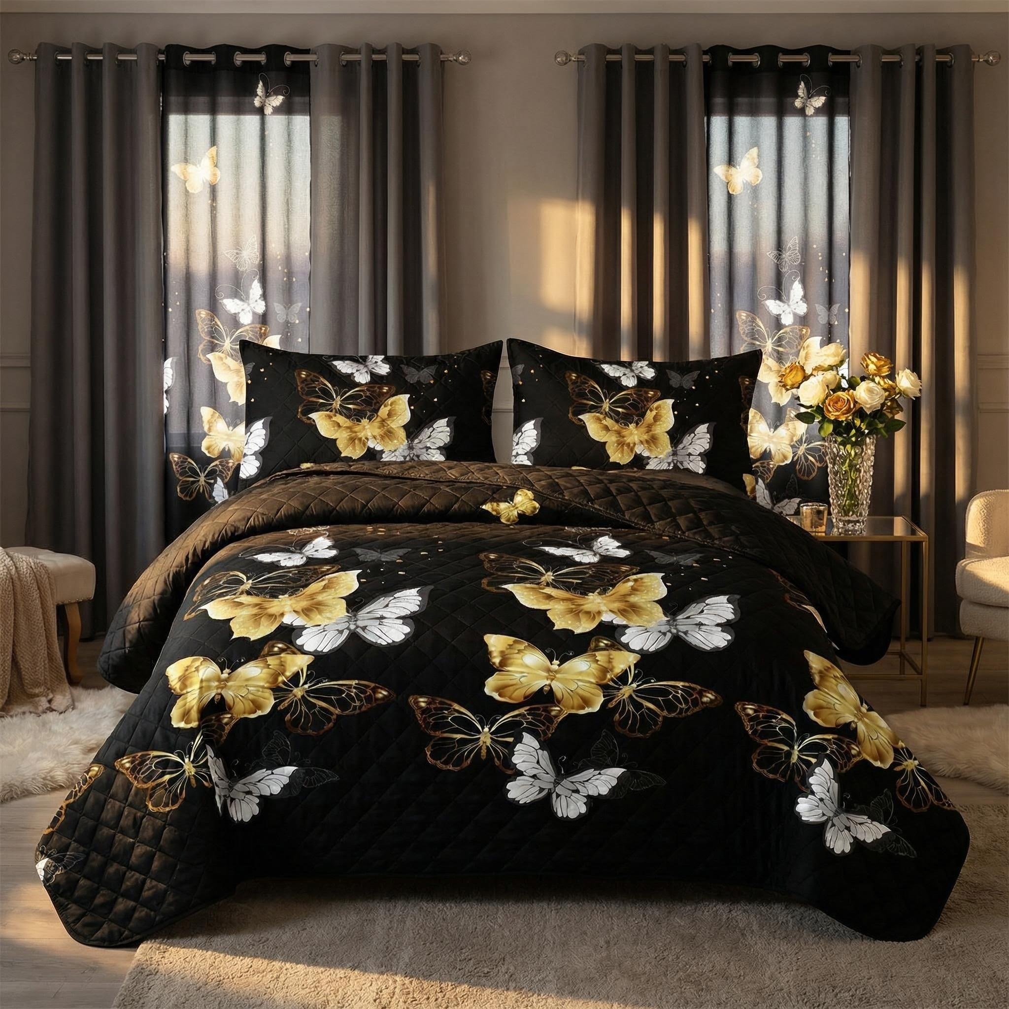 Set de Edredón y Cortinas de 9 Piezas 'Habitación en una Bolsa', Diseño Americano con Estampado de Mariposas Negro y Dorado, Colcha Gruesa con 6 Paneles de Cortina Personalizables, Apto para Mascotas de Alto Gramaje — imagen 3
