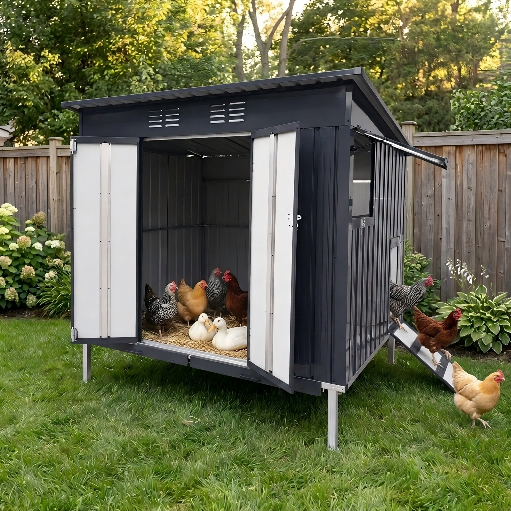 Caja para Gallinas Exteriores de Metal Galvanizado con Trasportadores de Desperdicios, Base Elevada y Ventana de Ajuste, Cárcel Grande para Poultry Exterior para Pollos, Patos y Pequeños Animales — imagen 1