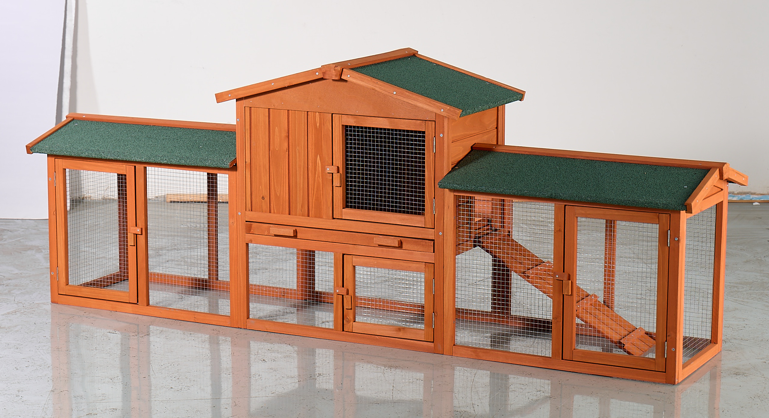Casa para Conejos Grande de Madera, Jaula Exterior con Corral Ample, Techo Impermeable y Rampas, Caja para Animales Pequeños en Madera de Pino para Conejos, Pollos y Mascotas Menores (Marrón y Verde) — imagen 1