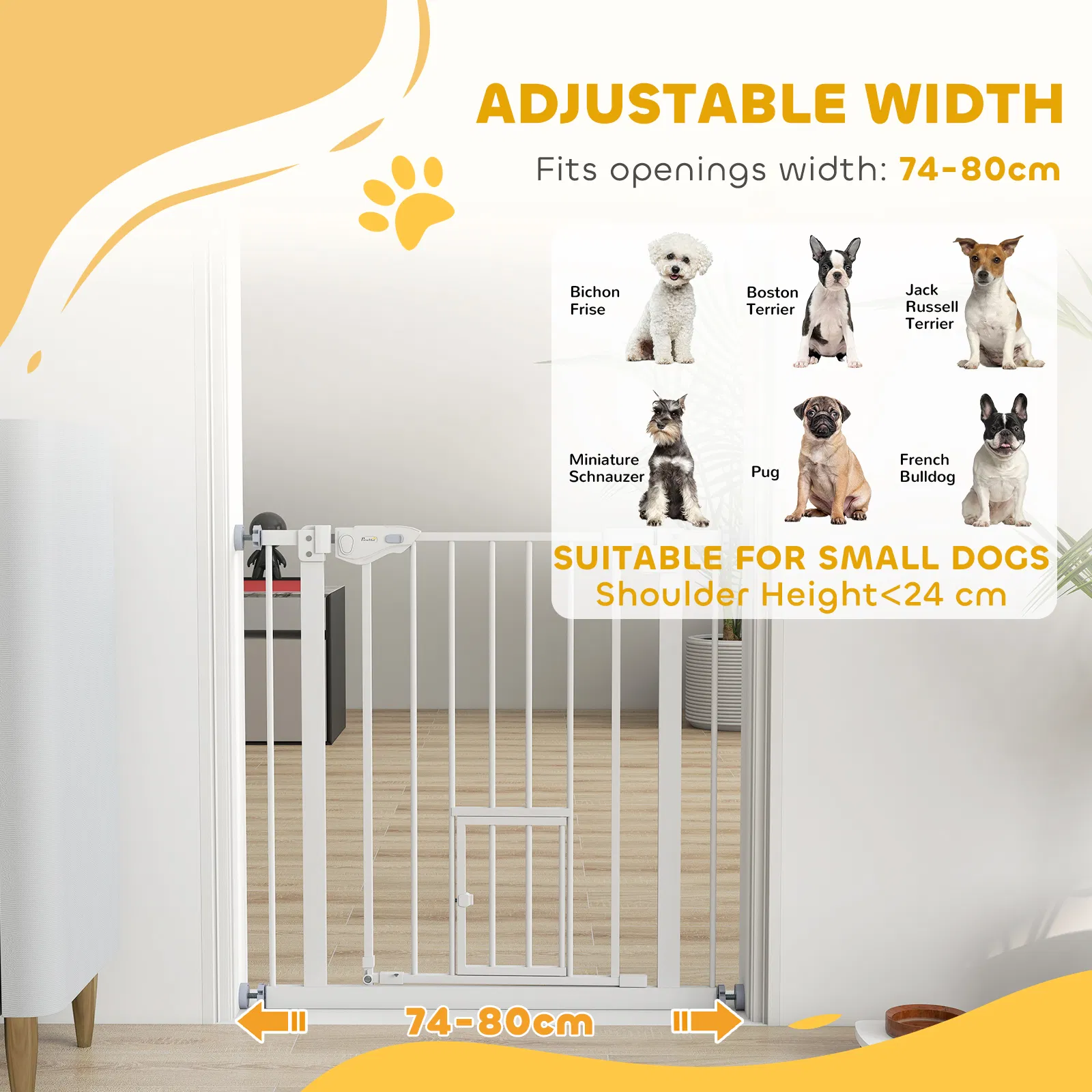 Pet Gate Extra Wide Press-Mounted with Cat Door, Auto Closing Pet Gate for Stair, Hallway, 29-32 Inch, White — image 3