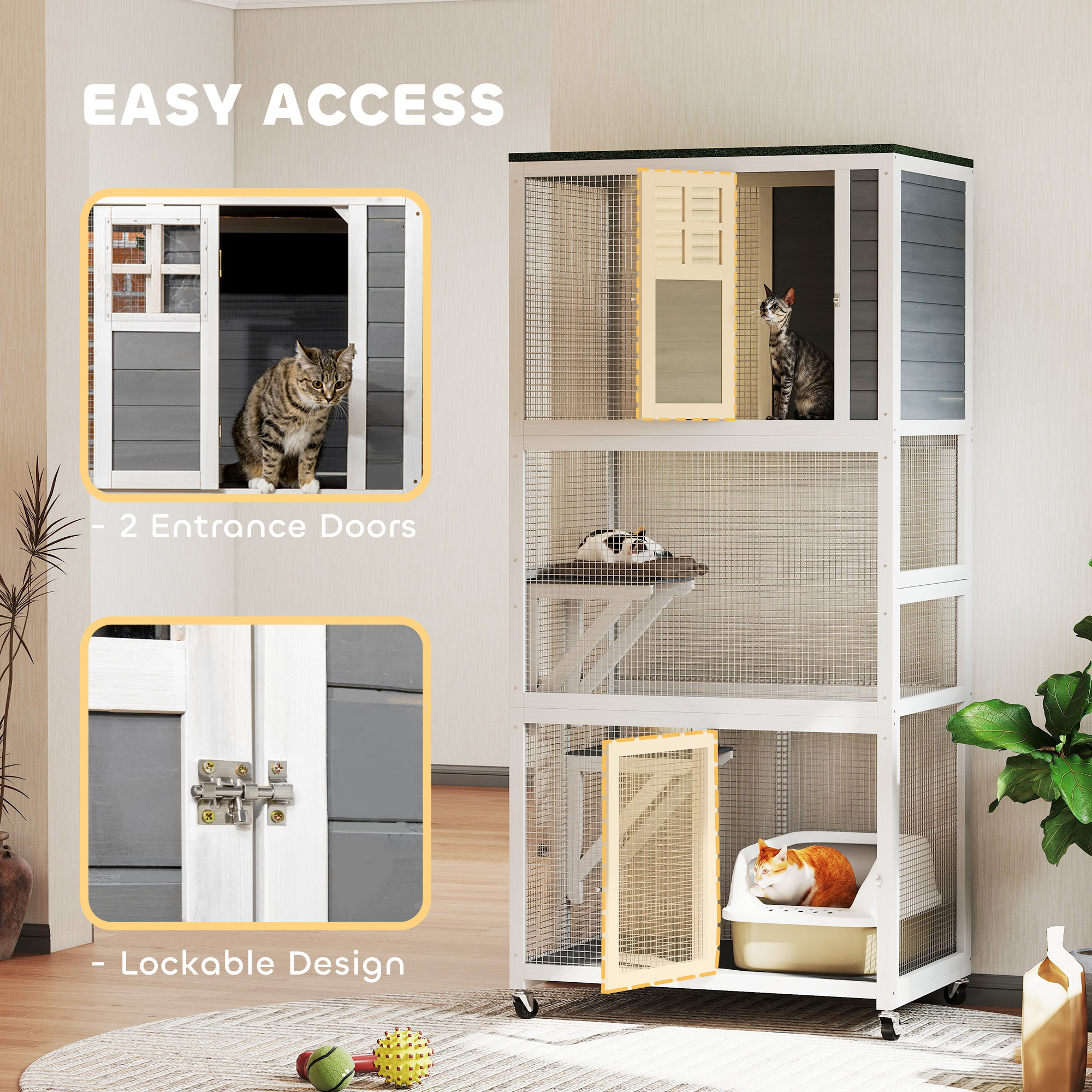 Catio de madera exterior para gatos de 74" con ruedas y resistente al tiempo, casa para mascotas al aire libre con alta capacidad de peso, color blanco — imagen 5