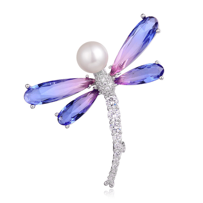 Temperament Exquisite Tourmaline Brooch Fashion Dragonfly Diamond Pearl Corsage Dress Brooch — image 5