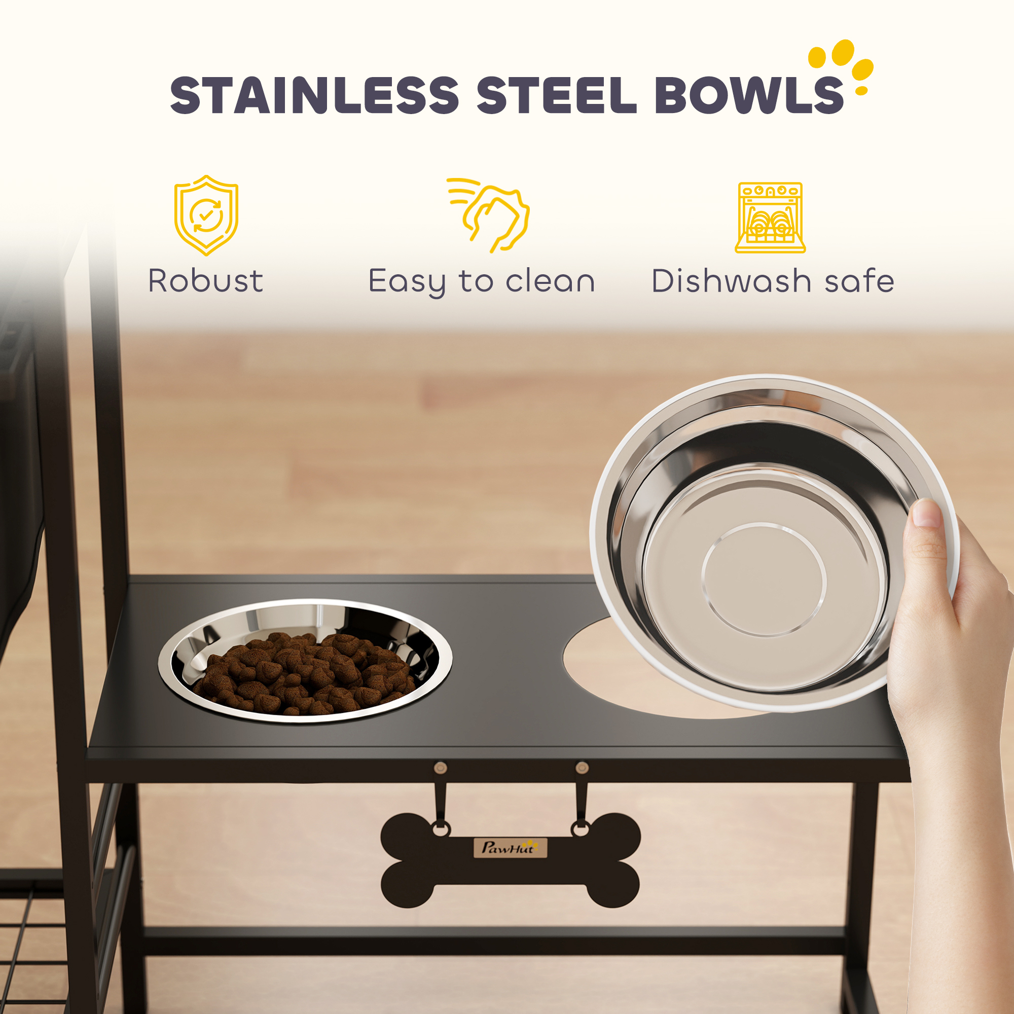 Soporte para Comederos de Perro con 3 Alturas Ajustables, 2 Estaciones de Alimentación, Cesta para Juguetes, Negro — imagen 5