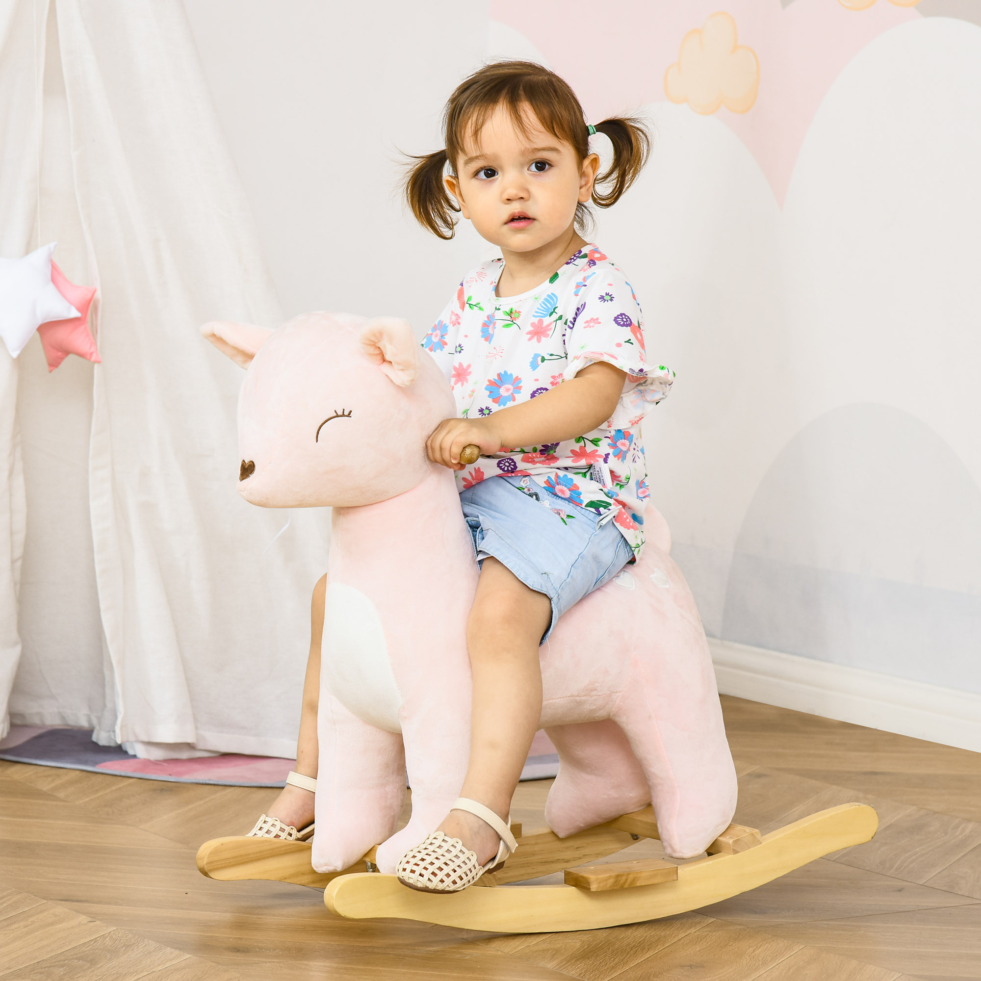 Kids Plush Ride-On Rocking Horse Deer-shaped Plush Toy Rocker With Realistic Sounds For Child 36-72 Months Pink — imagen 1