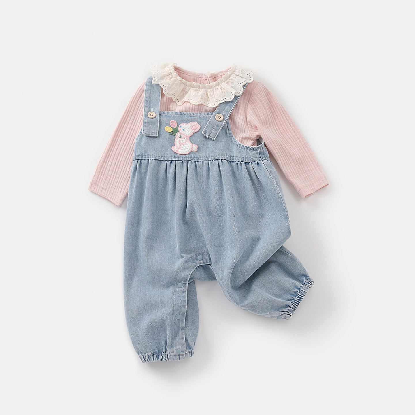 Rabbit Ears Overalls Set, Baby Girl Ruffled Shirt Bodysuit Two-Piece Outfit — image 4