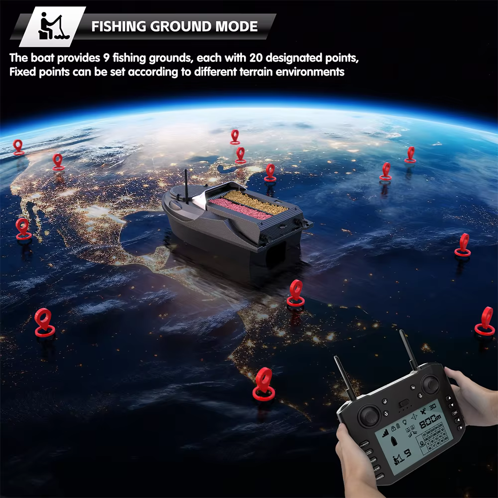 V080 Fibra de Carbon GPS Barco de Cebo a Distancia 150 Puntos de Localización 2KG Carga Auto Retorno 12V Pesca Nocturna Barco para Carpa — imagen 5