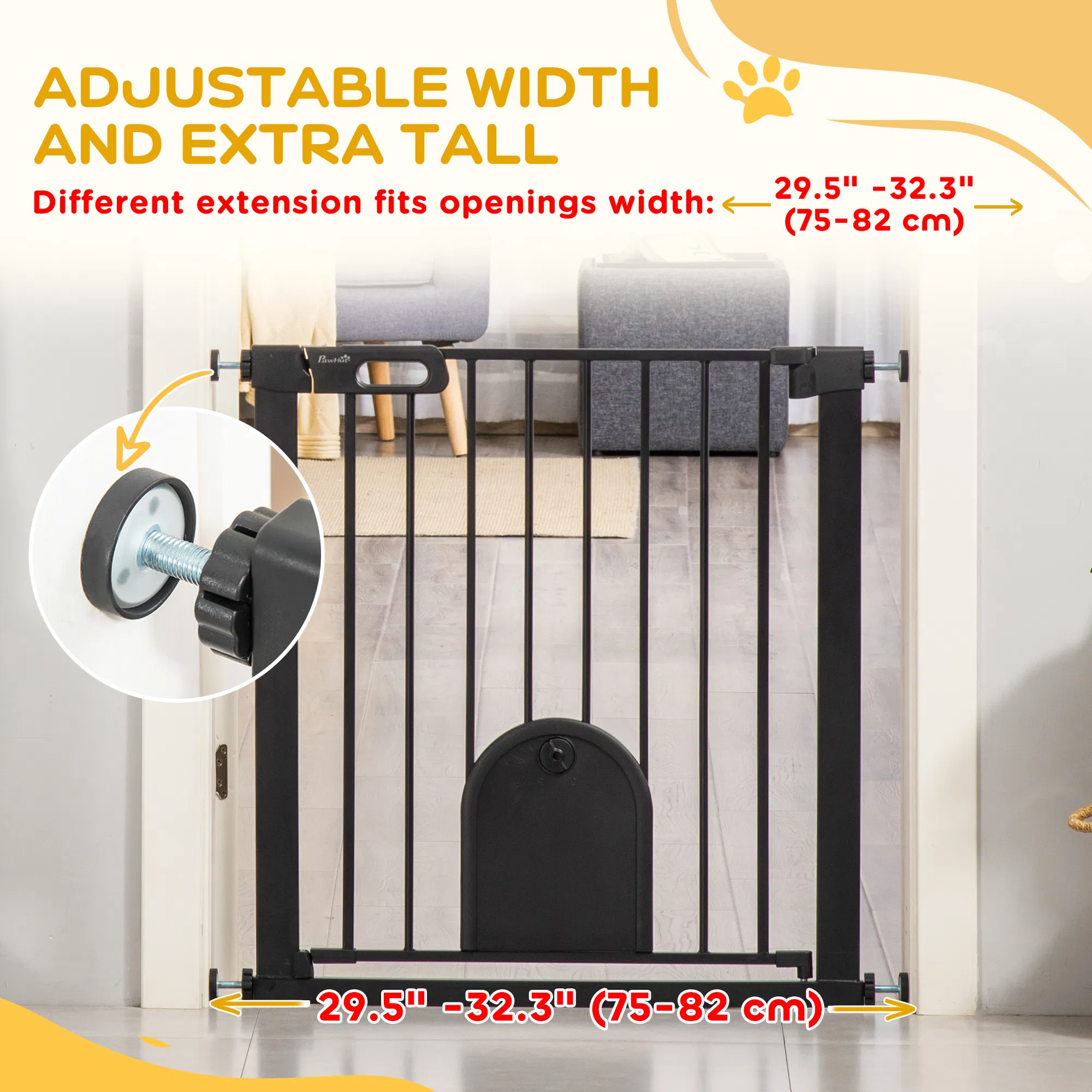 30"-32" Extra Wide Pet Gate Barrier with Small Door, 30"H Dog Gate with Safety Gate Barrier, Stair Pressure Fit, Black — image 3