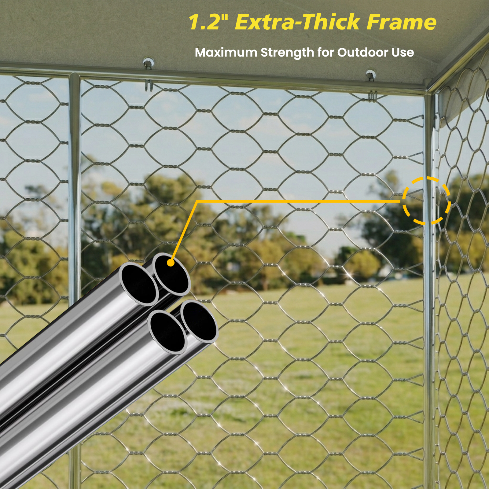 Jaula al aire libre grande para perros con techo, estructura de acero galvanizado resistente, cubierta impermeable, platos de alimentación elevados integrados, jaula de juego segura y cerrada para perros grandes y múltiples animales — imagen 4
