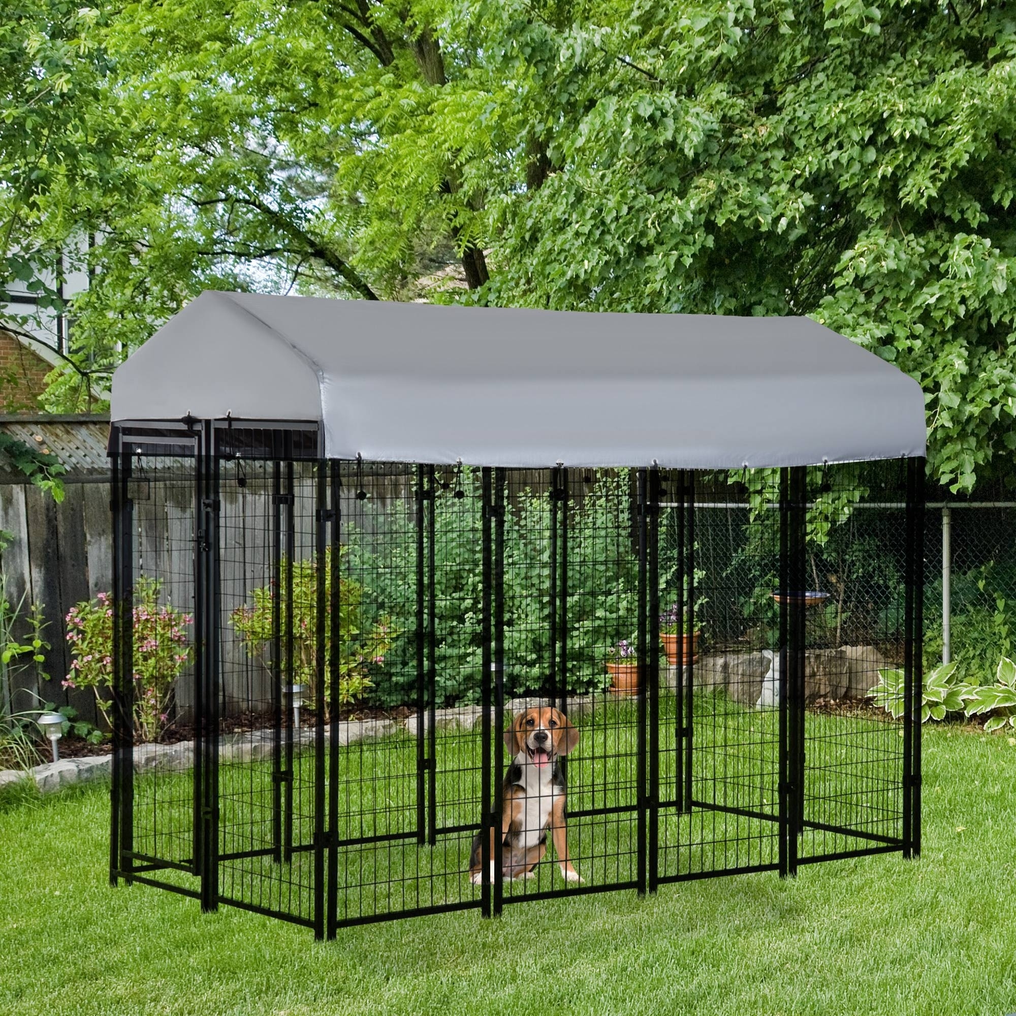 Casa de Perro al Aire Libre con Techo, 8 x 4 x 6 Caja de Juego para Perros Pesados de Acero Soldado Resistente a Escape con Cerrojo Seguro, Cubierta Resistentes a UV y Agua, para Perros Grandes, Plateado — imagen 6