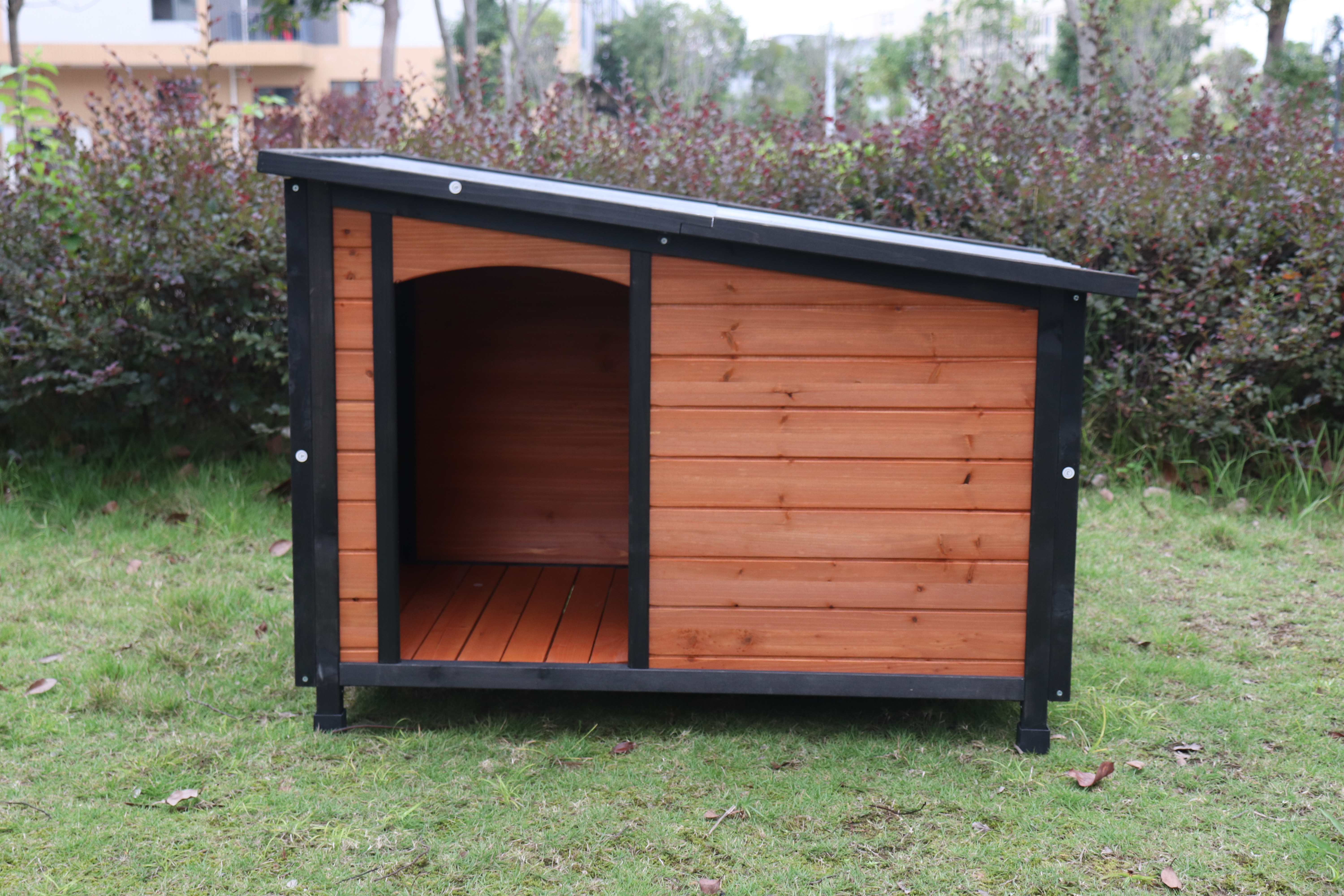 46 Dog House Outdoor & Indoor Wooden Dog Kennel For Winter With Raised Feet Weatherproof For Large Dogs Gold Red And Black PVC Waterproof Roof L — image 3