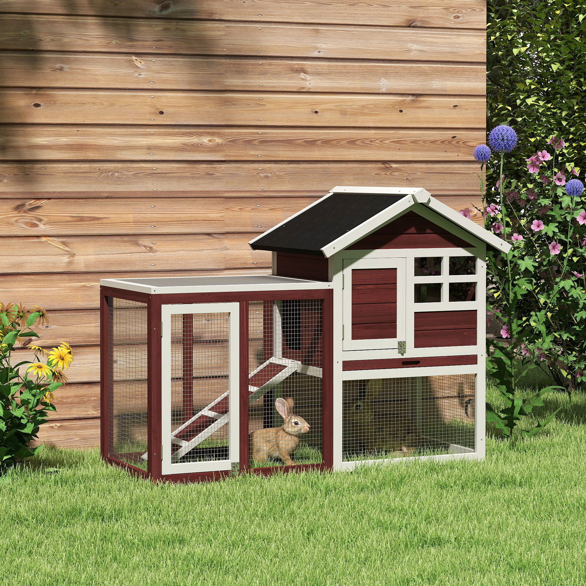 49" Wooden Rabbit Hutch Bunny Cage with Waterproof Asphalt Roof, Fun Outdoor Run, Removable Tray and Ramp, for Rabbits, Chickens, Ducks, Brown — imagen 1