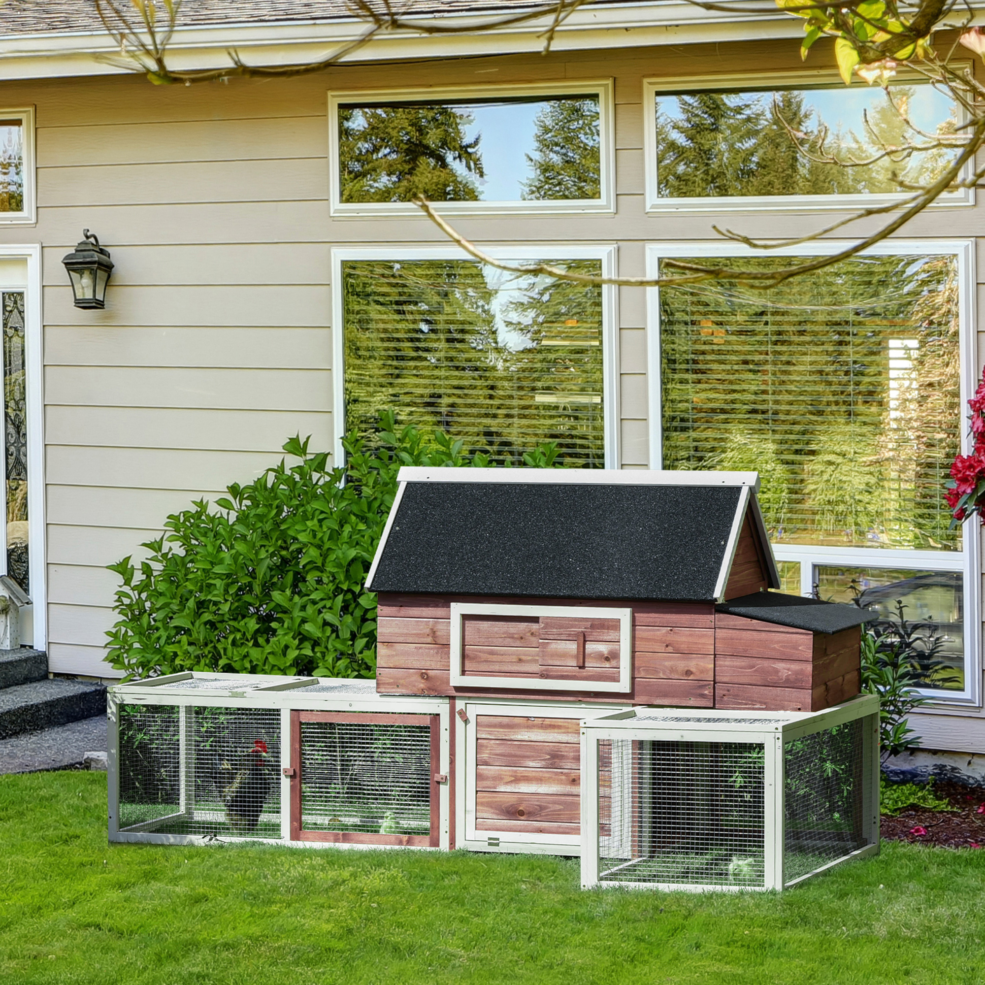 Casa para Pollos de Madera, Caja para Pájaros al Aire Libre con Box de Incubación, Corral Doble, Techo de Asfalto, Rampita — imagen 1