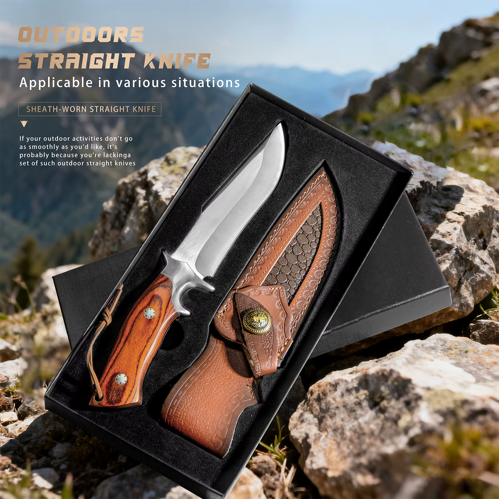 M390 Fixed Blade Hunting Knife with Wood Handle Leather Sheath Outdoor Camping Bowie Knife Gift for Men — image 7