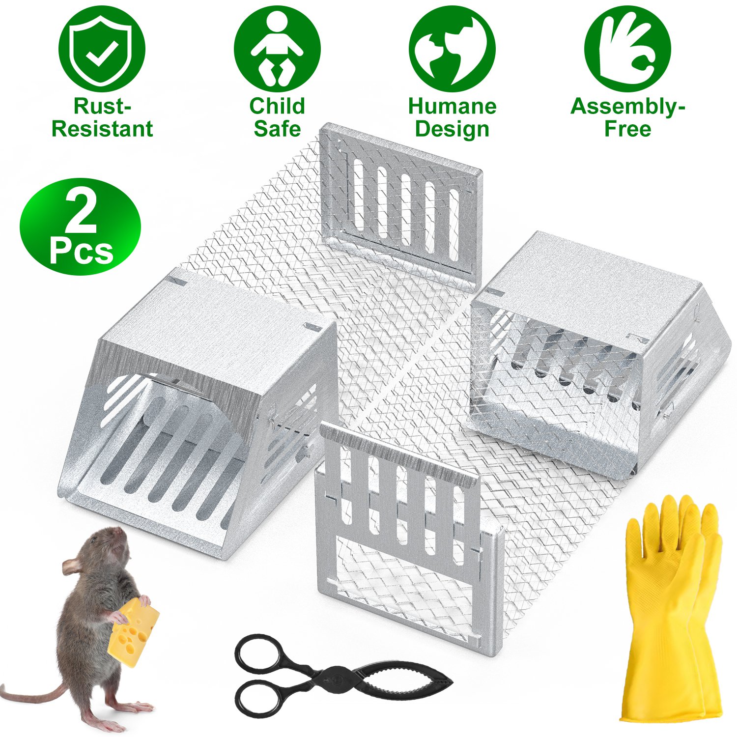 2 jaulas trampa humanitarias para ratones, sin necesidad de armado, trampa automática y continua para ratas con puerta unidireccional, reutilizable, para capturar y liberar animales, roedores, topillos y ratones, para primavera y verano — imagen 1