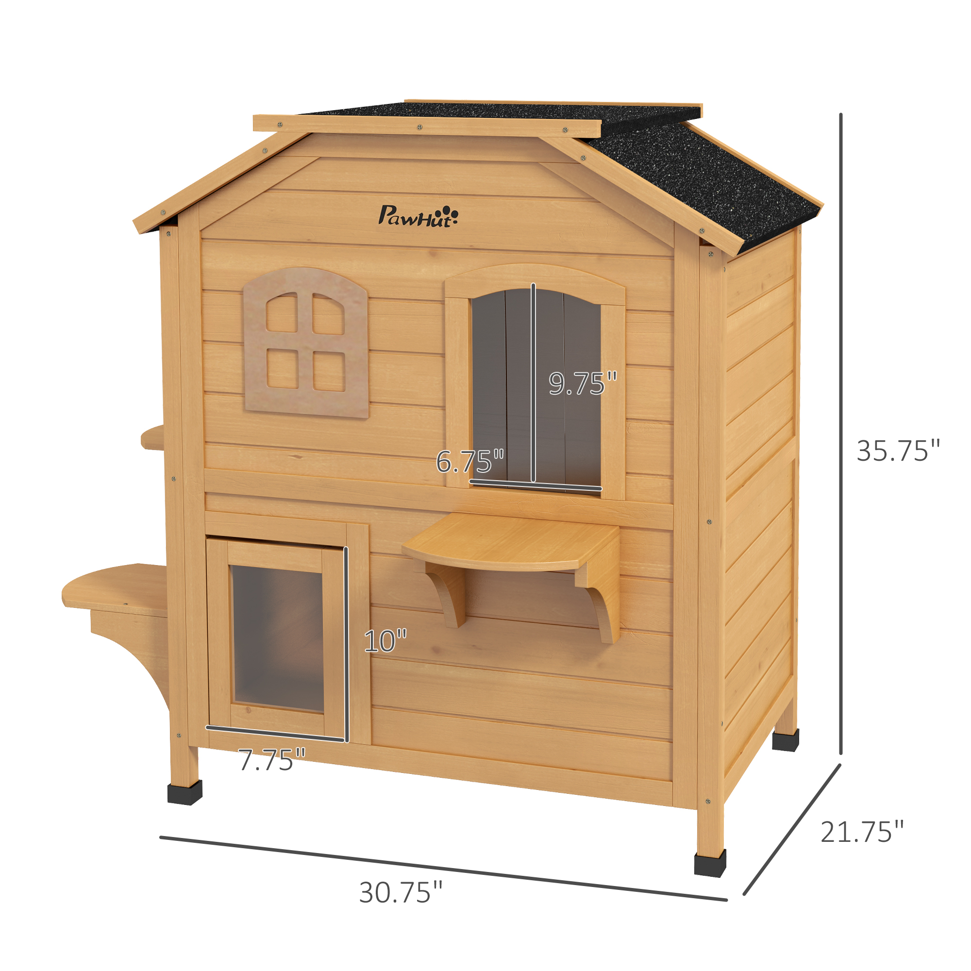 Casa de Madera para Gatos de Exterior de 2 Pisos, Refugio para Gatos Callejeros con Puerta de Escape, Techo Asfáltico, 4 Plataformas, Natural — imagen 6