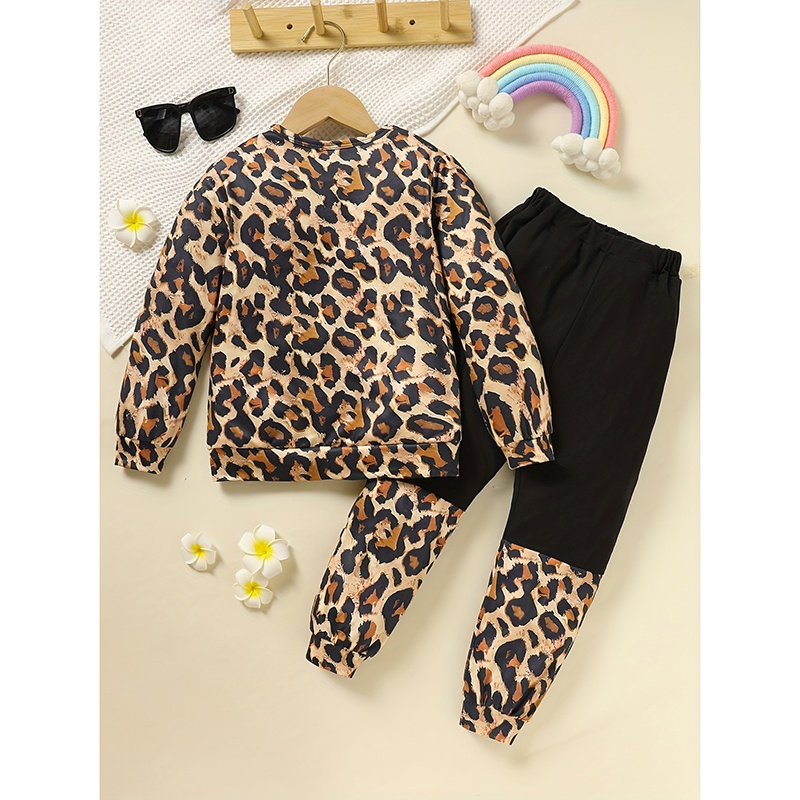 Toddler Girls Fall Winter Outfits Leopard Letter Print Crewneck Long Sleeve Sweatshirt Top & Sweatpant 2 Piece Clothing Set — image 5