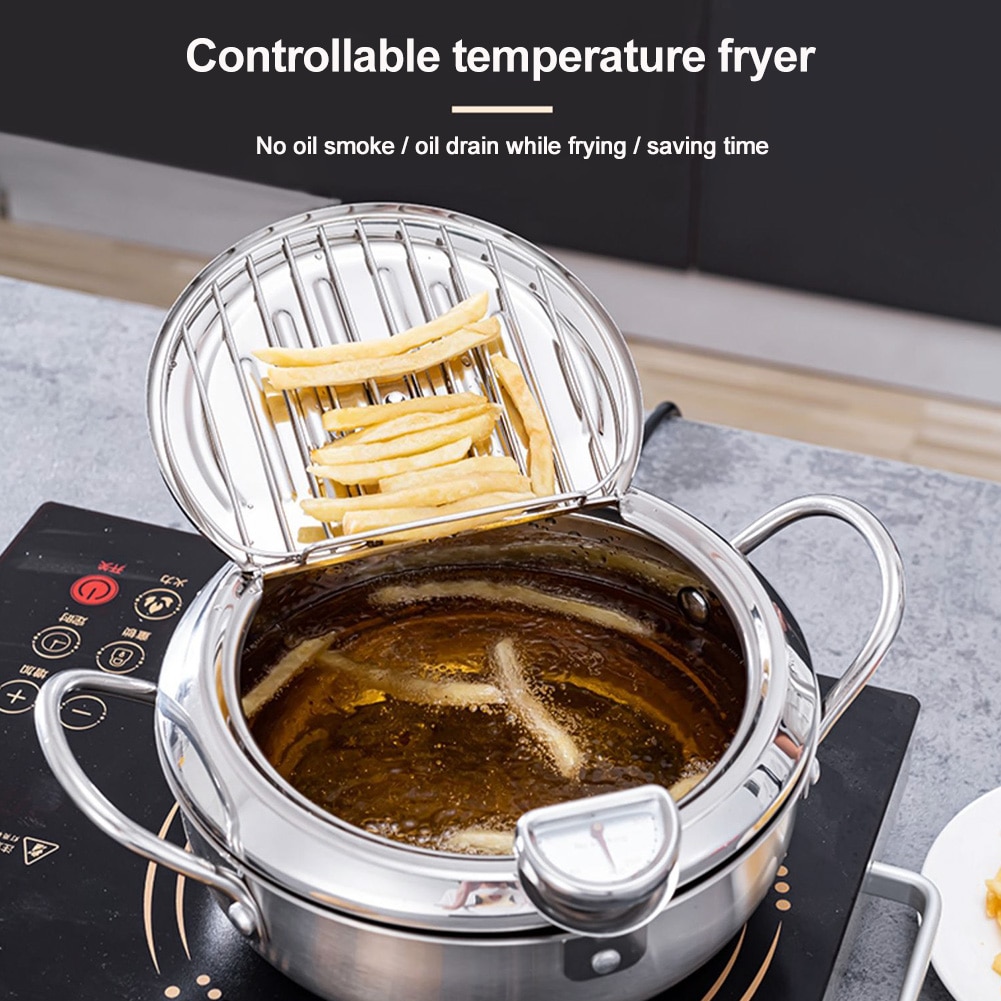 Restaurant Lid With Thermometer Non Stick Tempura Deep Fryer Carbon Steel Easy Clean Kitchen Chicken French Fries Oil Drip Rack — image 4