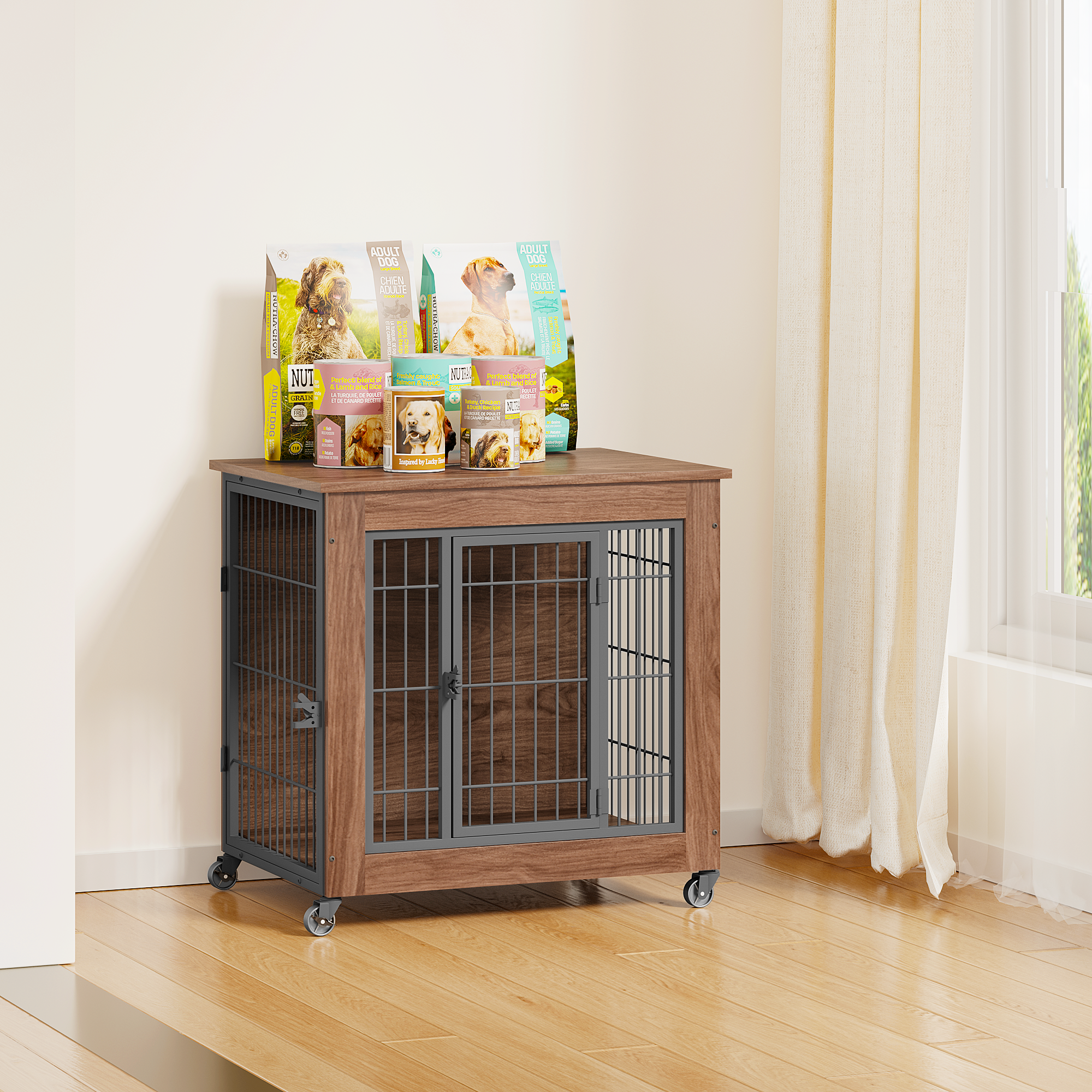 Jaula de Madera Tipo Mueble para Perros de 27.2" con Ruedas para Perros Pequeños, Jaula para Perros Resistente de Interior con 2 Puertas, Mesa Auxiliar con Jaula para Mascotas, Jaula Metálica de Doble Puerta para Perros con Ansiedad — imagen 2
