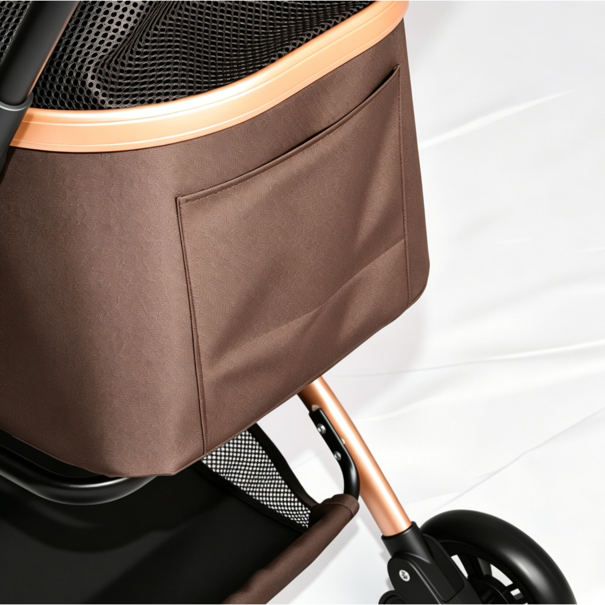Muleta para Mascotas 2 en 1: Carruaje de 4 Ruedas Reversible con Canasta de Almacenamiento y Sombrilla Solar (Khaki + Oro) — imagen 7