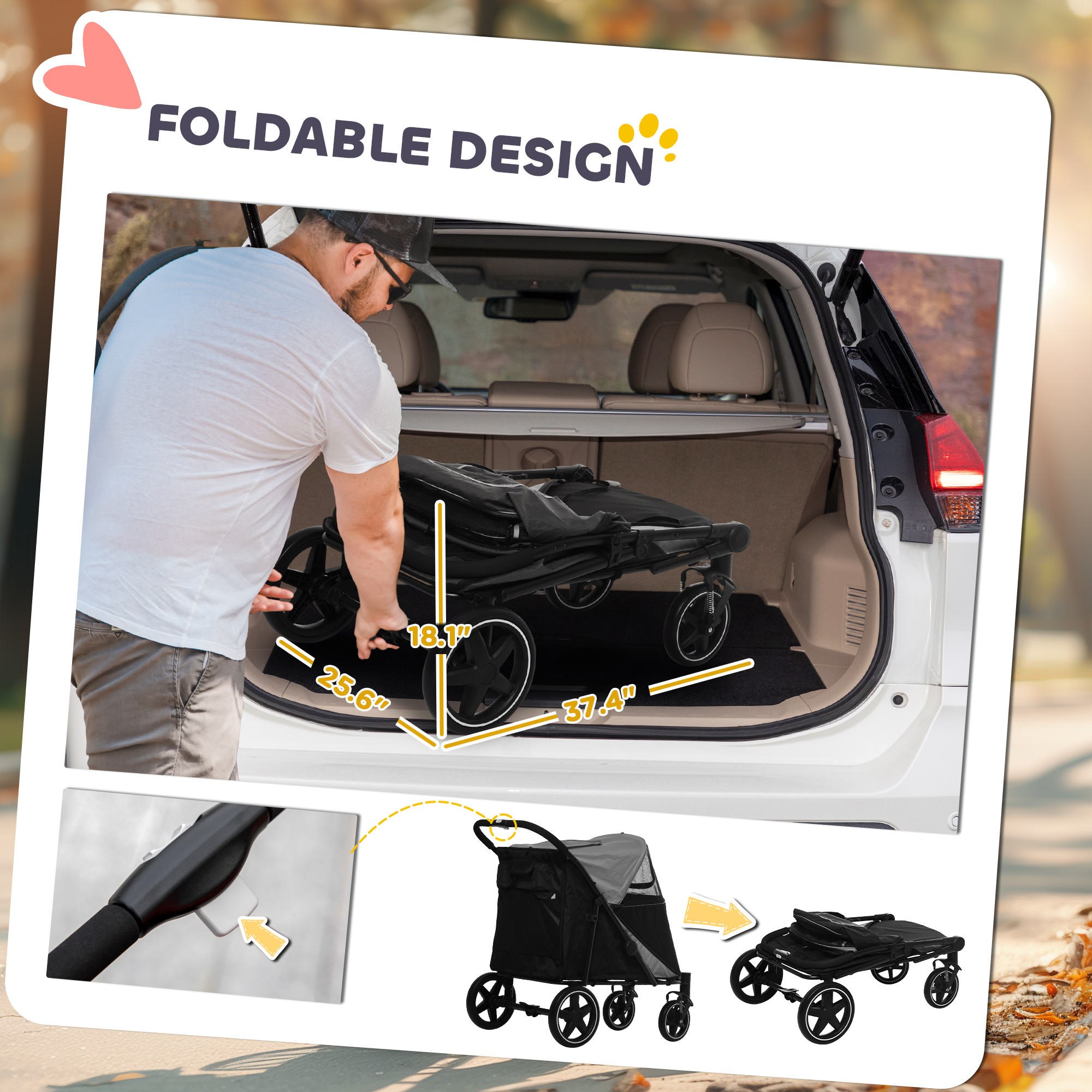 Dog Stroller for Large Medium Small Dogs up to 66 Lbs. 23.5" in Body Length, One-Click Foldable Pet Cat Stroller with Storage, Shock Absorption Wheels, Mesh Window, Safety Leash, Gray — image 4