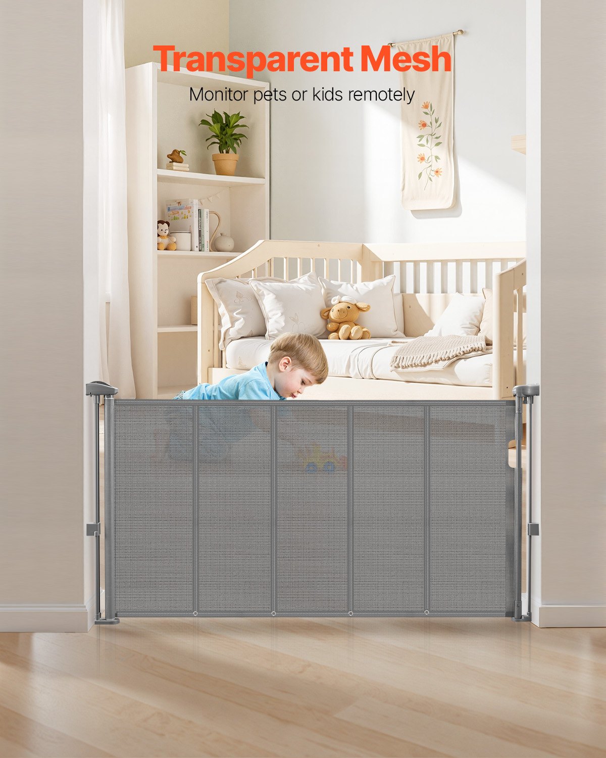 Puerta Retráctil para Niños o Mascotas, 34 Pulgadas de Alto, Se Extiende Hasta 55 Pulgadas de Ancho, Puerta Retráctil Fácil de Instalar para Escaleras, Pasillos, Habitaciones de Juego, Color Gris — imagen 5