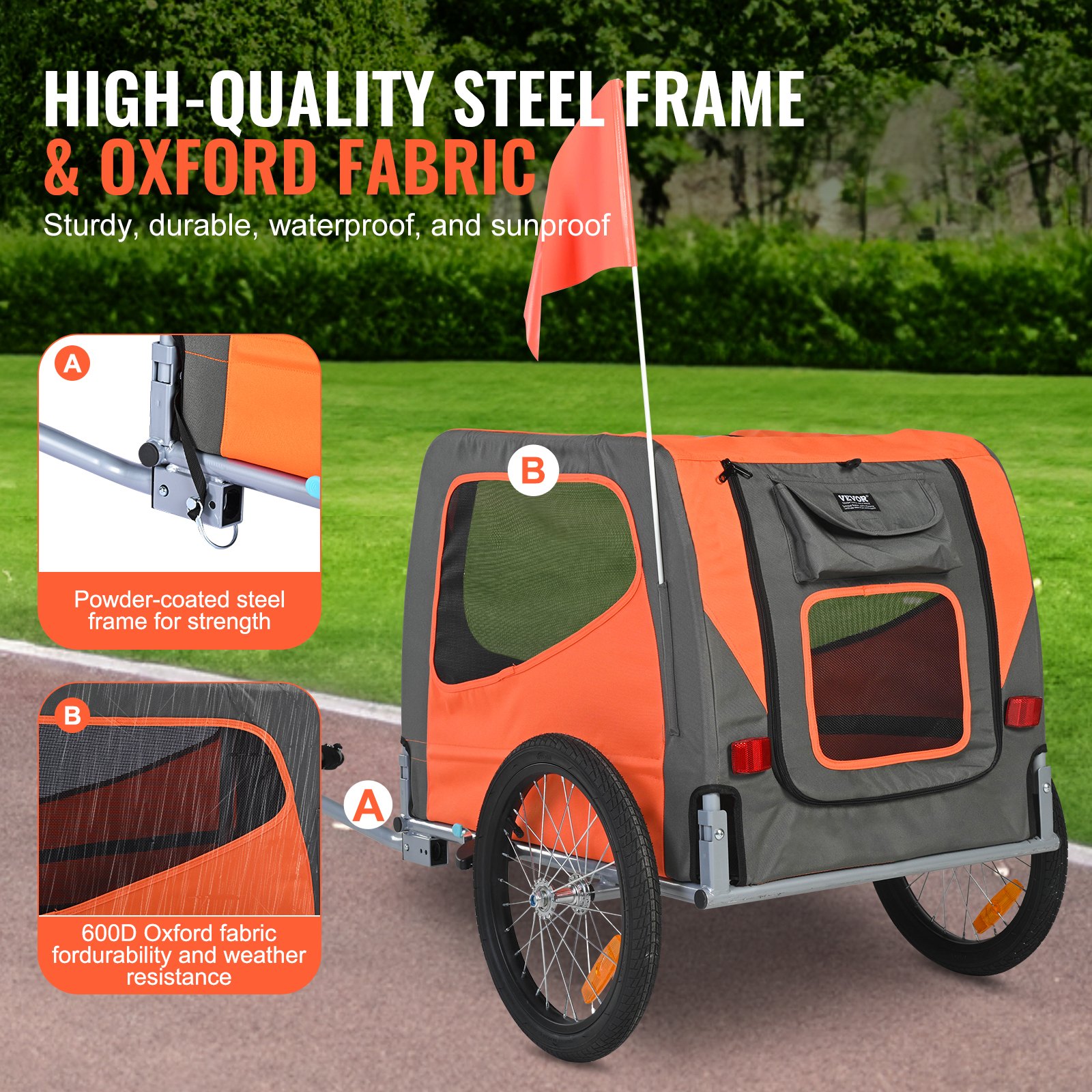 Dog Bike Trailer, Supports Up To 66 Lbs, Pet Cart Bicycle Carrier, Easy Folding Frame With Quick Release Wheels, Universal Bicycle Coupler, Reflectors, Flag, Collapsible To Store, Orange/Gray — image 4