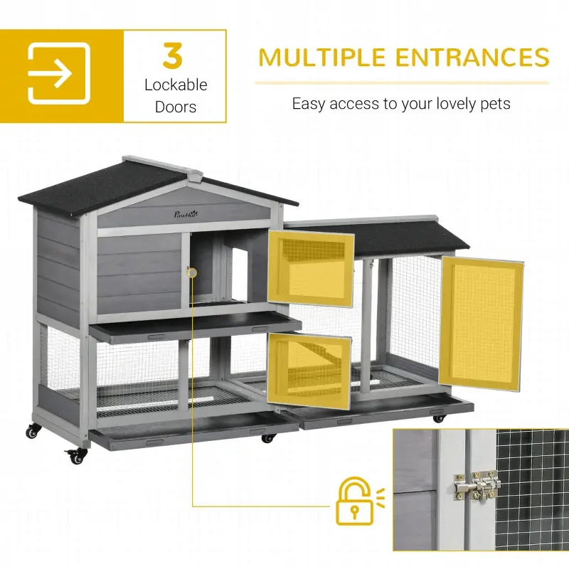 Wooden Mobile Rabbit Hutch With Wheels, Run Box, Slide-out Tray, Ramp — imagen 3