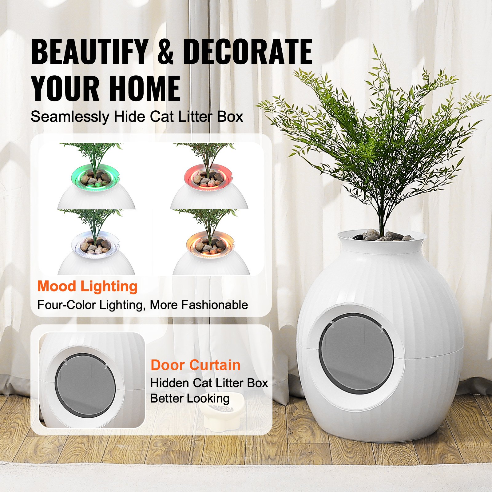 Caja de Limpieza para Gatos en Planta, Sistema Inteligente de Control de Olor, Caja Oculta con Entrada Grande de 9.48 Pulgadas, Iluminación y Decoración, Hecha de ABS Resistente — imagen 3