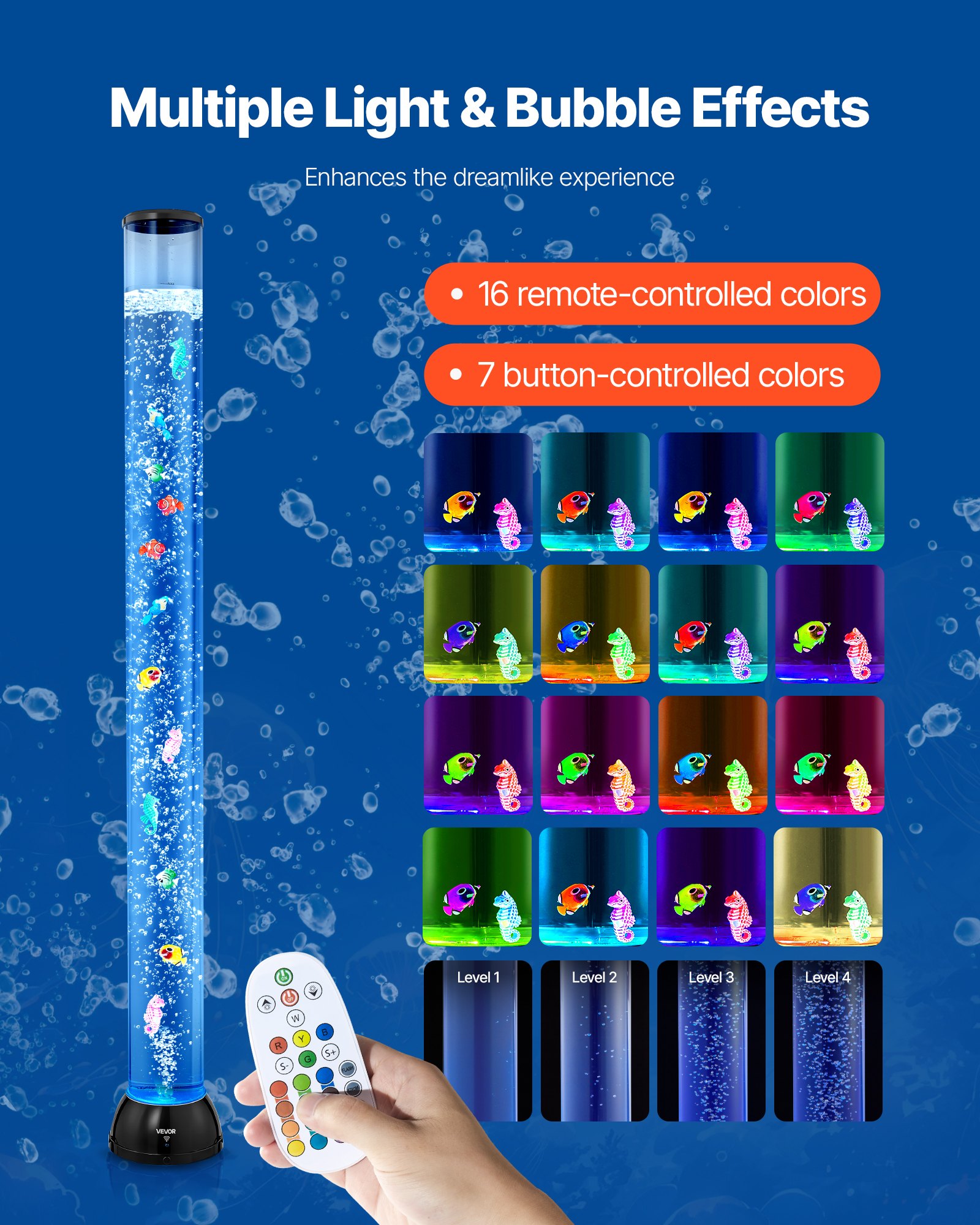 Sensory Bubble Tube Lamp, 4 Ft Bubble Fish Tube, Sensory Aquarium Lamp With 10 Floating Fish & 16 Color Effects, Remote Control, Stress Relief Calming Light For Bedroom Living Room Home Decor — imagen 2
