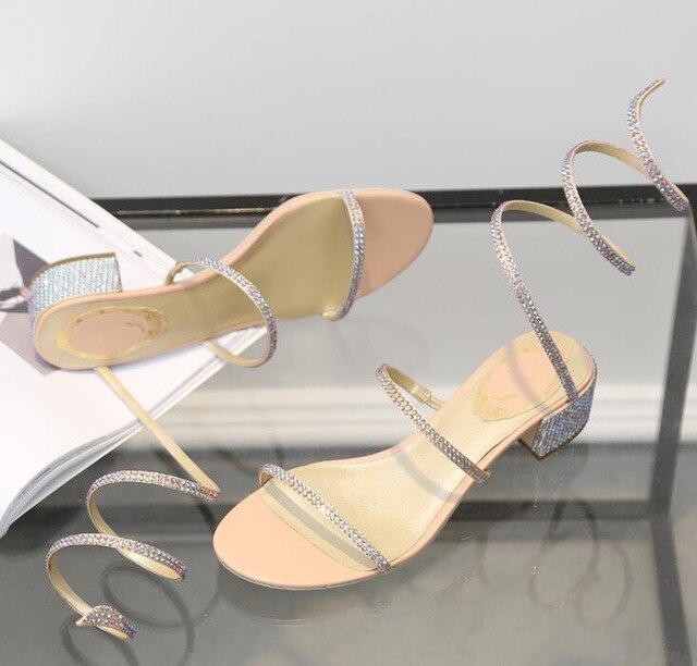 Summer Crystal Gladiator Sandals Women Open Toe Square Heels Sandals Women Fashion Party Dress Snake Strap Shoes — image 8
