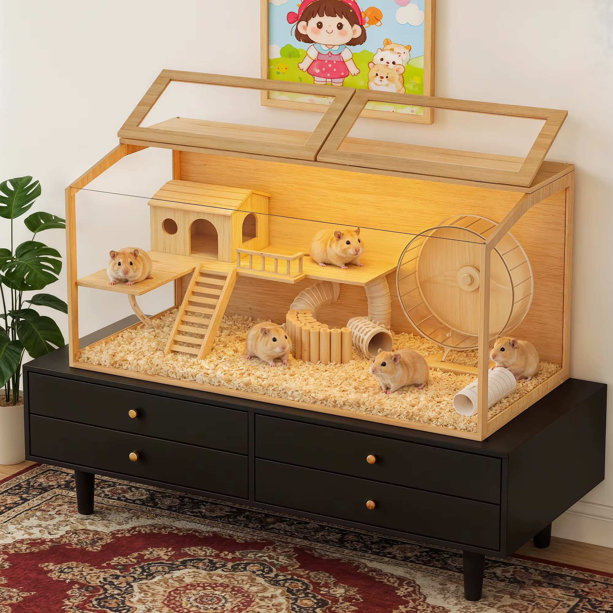 Large Wooden Hamster Cage Clear Tempered Glass Pet Small Animal Habitat Cage Playful Hutch House Built-in LED Light — image 3