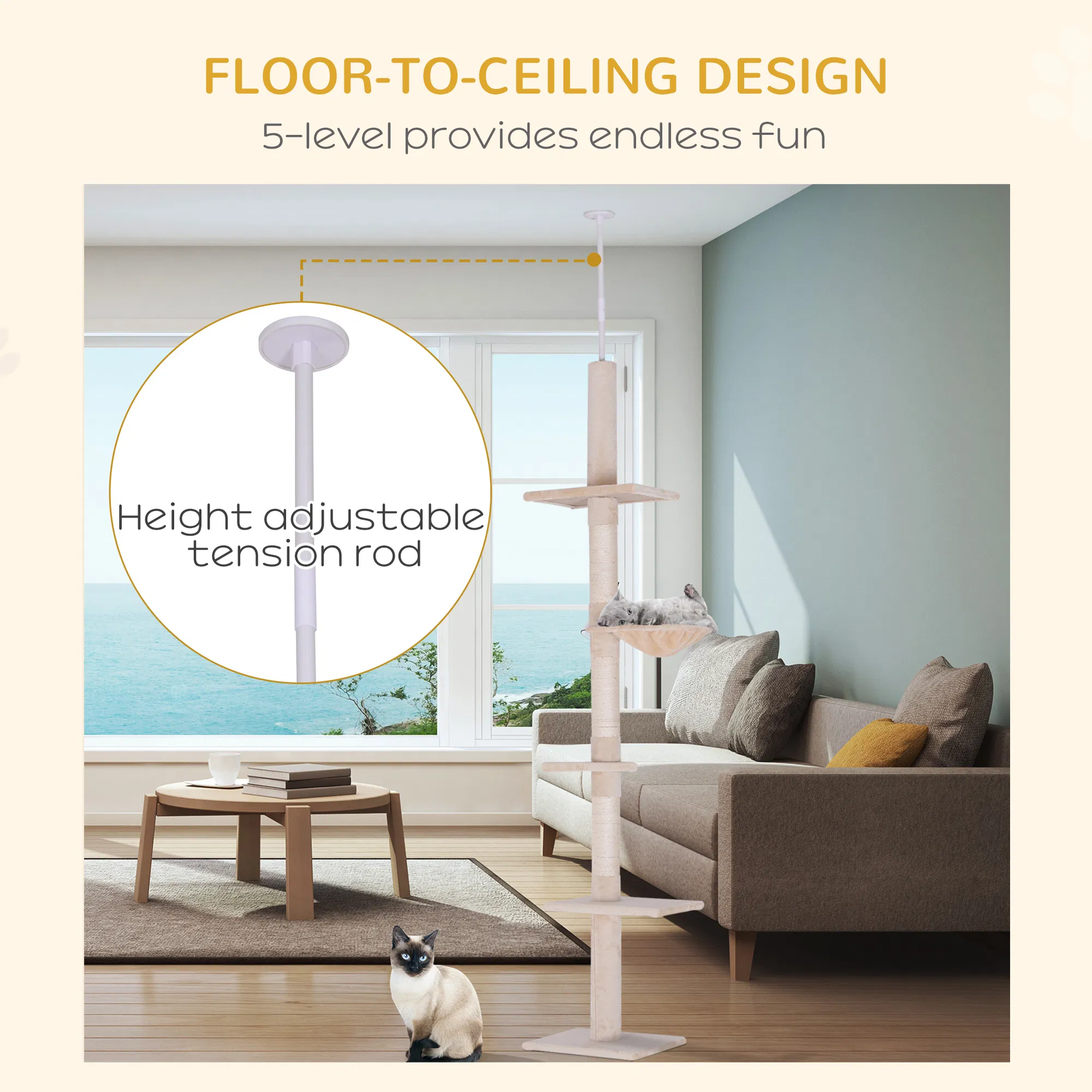 Cat Climbing Tree 5-Tier Kitty Activity Center with Scratching Post Beige — image 4