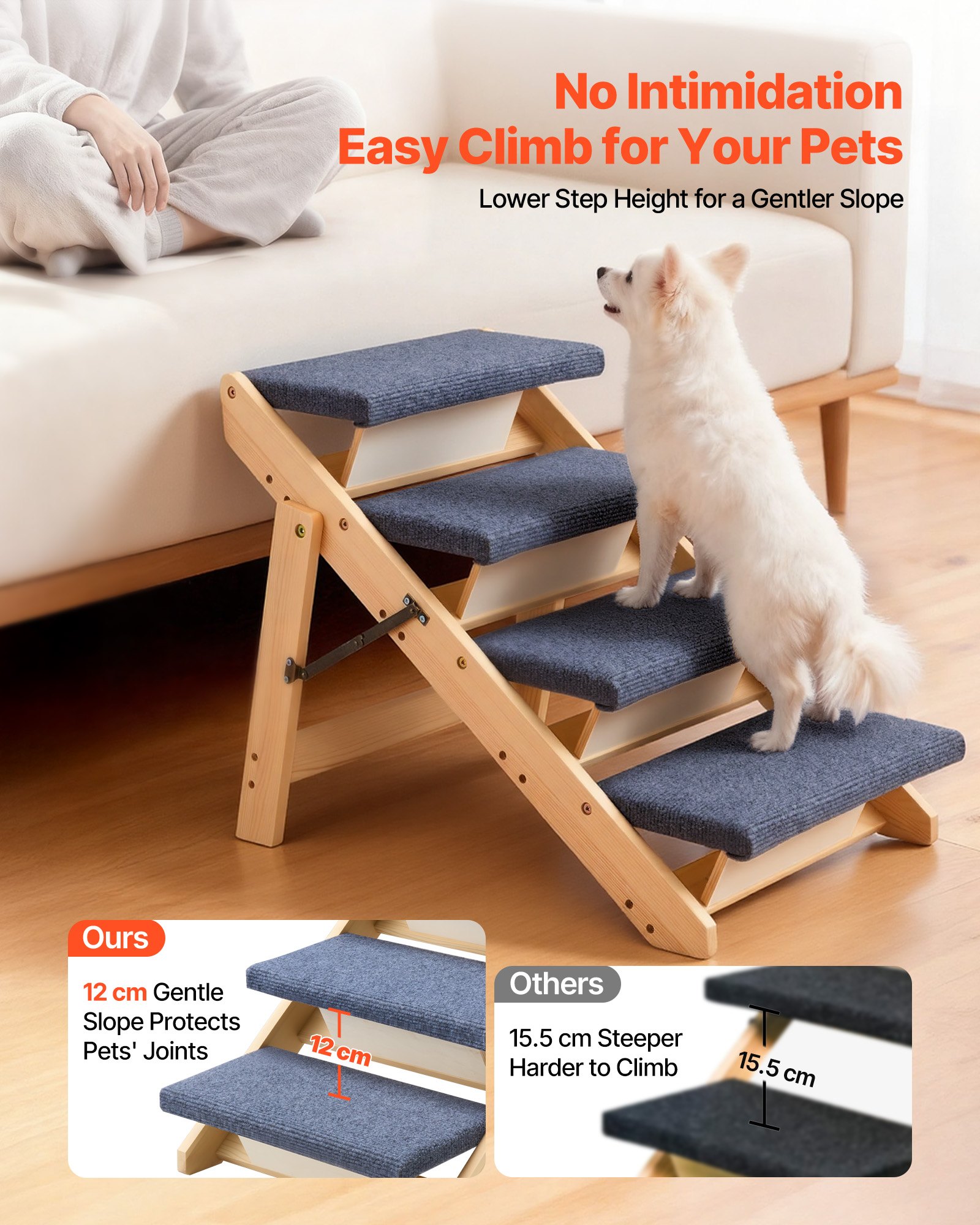 Escaleras de Madera para Mascotas, 4 Pasos - Acceso Seguro para Cama, Sofá y Coche, Capacidad 150 lb, Diseño Pliegue, Estable y Rígido para Perros y Gatos Pequeños a Grandes — imagen 5