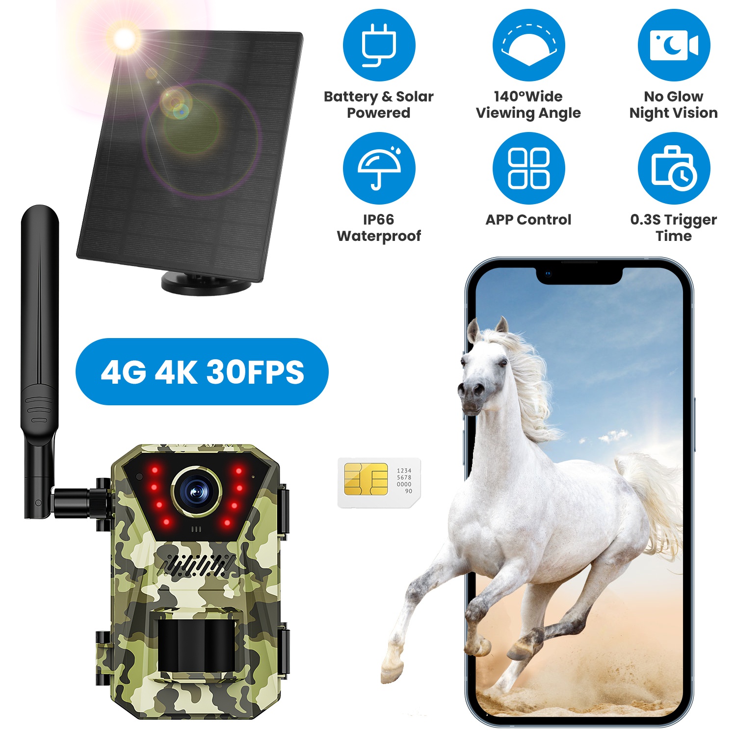 4G 4K 30FPS Solar Trail Camera Outdoor Wildlife Camera Motion Activated IP66 Waterproof With 140 Degree Viewing Angle No Glow Night Vision SIM Card APP Control No WiFi Needed — image 1