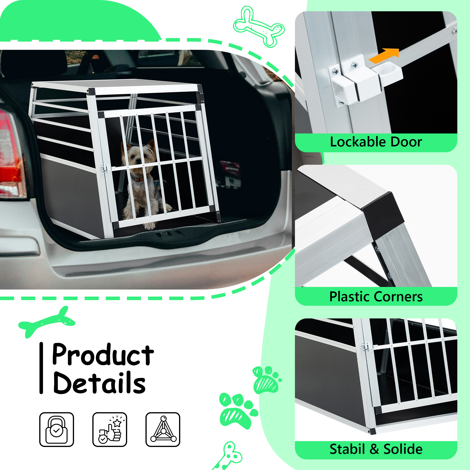 Caja de Transporte de Aluminio 35 x 25 x 27 in, Caja de Transporte para Auto de Aluminio, Caja de Transporte de Viaje para Perros y Gatos, Negro y Plateado — imagen 5
