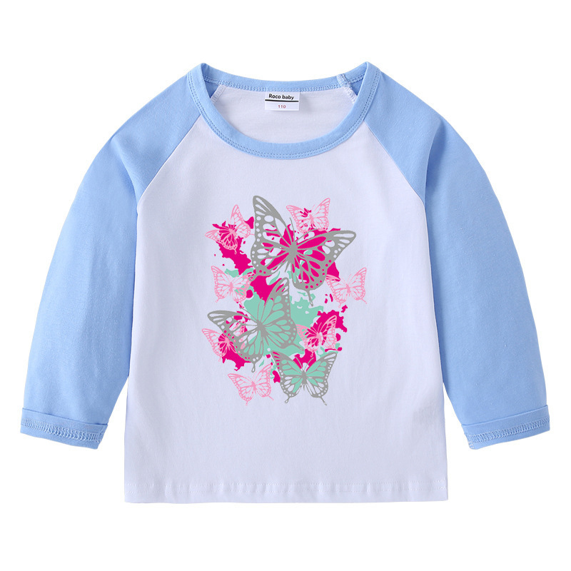 Butterfly children's pure cotton shoulder T-shirt with round neck and long sleeves — image 3