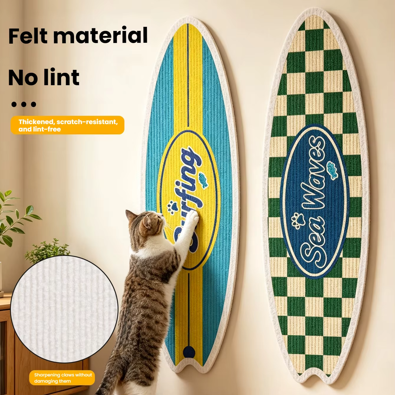 A Cat Scratcher Post in the Shape of a Surfboard, Wall-mounted, Made of Natural Sisal Material, and Free of Debris, Toy for Cats — image 3