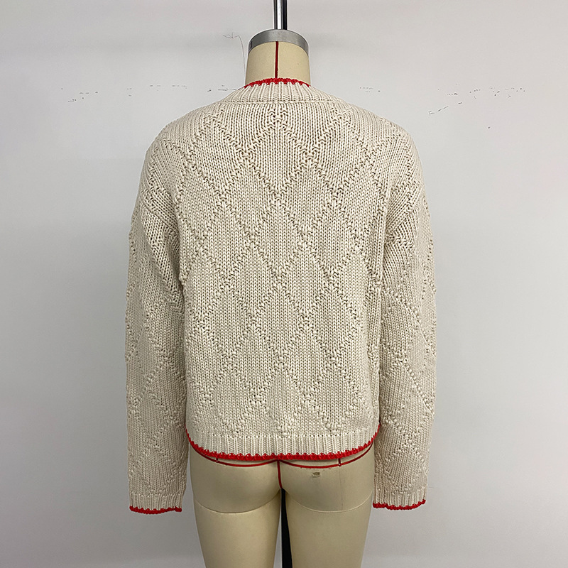 Color Block Contrast Trim Fish Pattern Long Sleeve Round Neck Pullover Knit Sweater — image 4