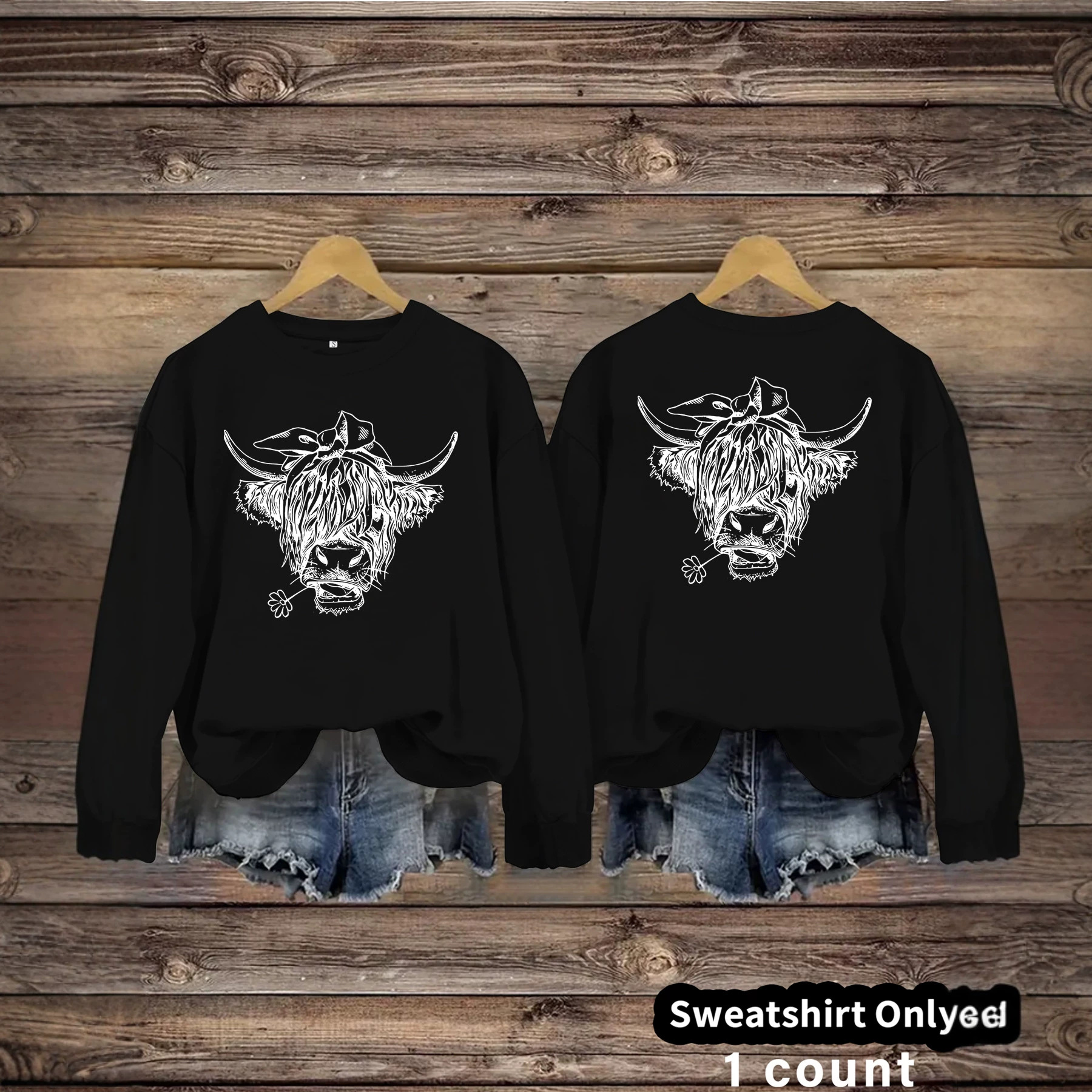 Cowboy Highland Cow Printed Loose Women's Velvet Hoodie — image 6