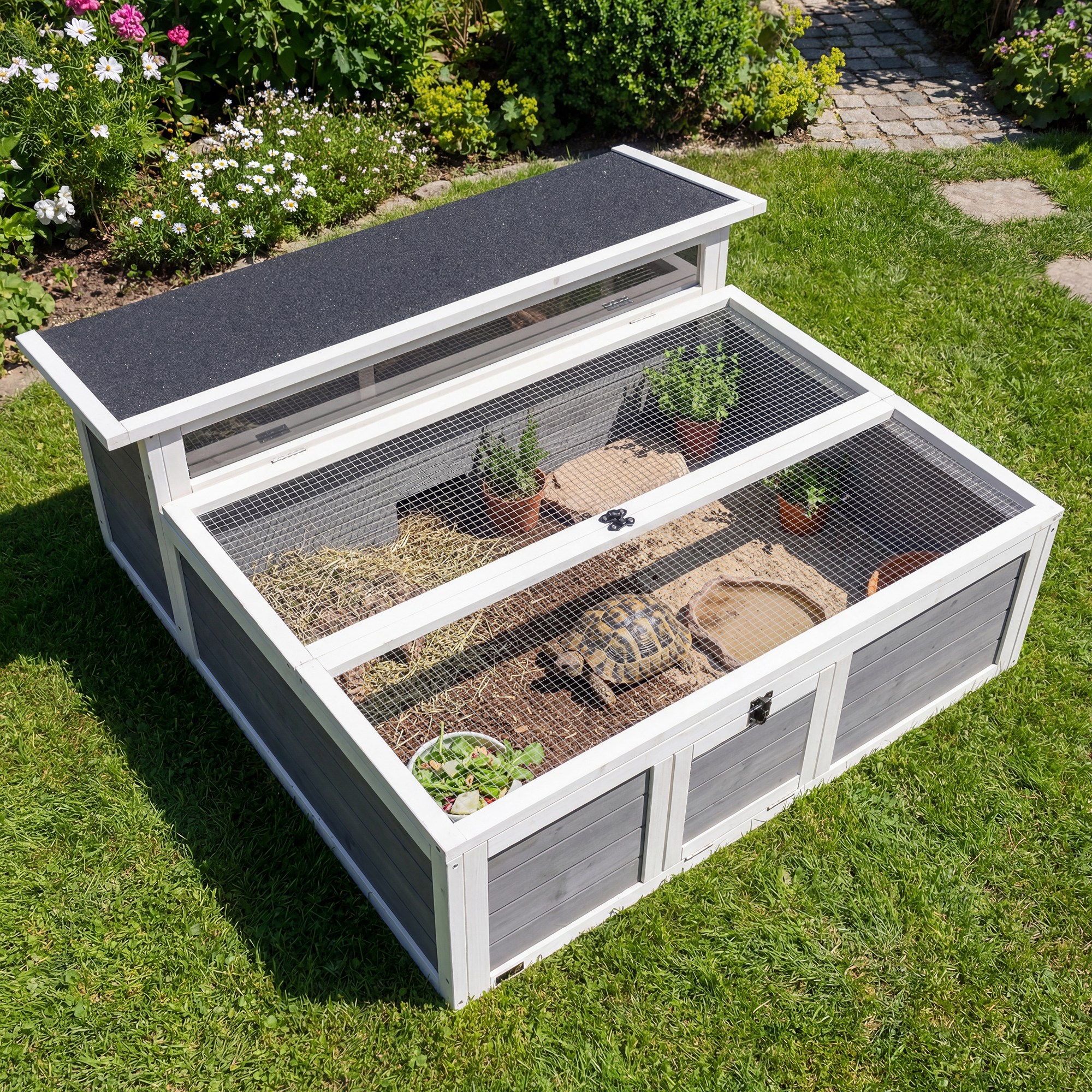 Tortoise Habitat Openable Top Wooden Tortoise Enclosure Run Area and Clear Window Dark Gray — image 1