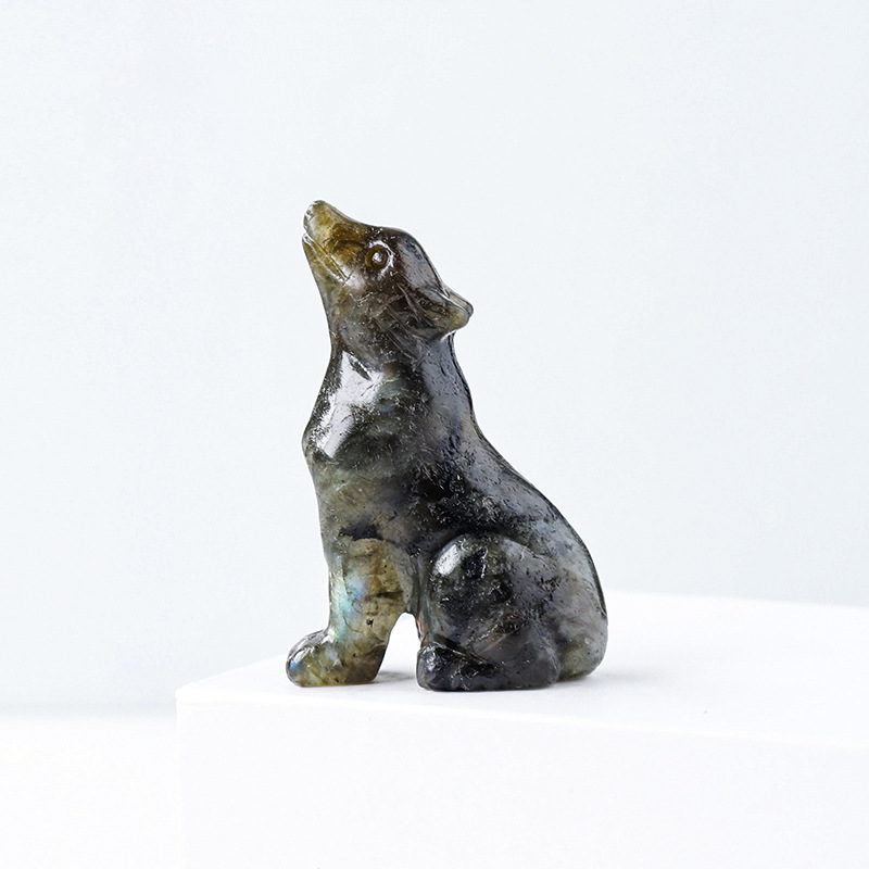 Natural crystal wolf cub carving piece, crystal animal raw stone, mineral specimen, home decoration ornament — image 5