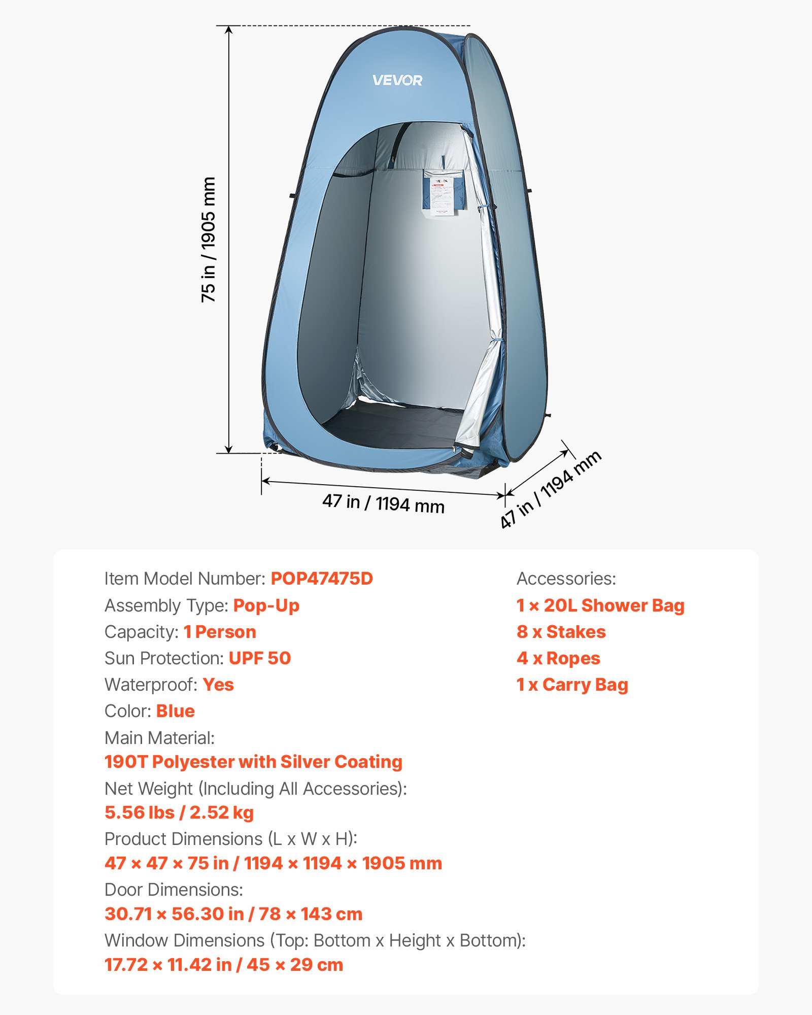 Pop Up Shower Tent, Instant Portable Privacy Tent Changing Room With Shower Bag, Ground Stakes, Ropes, Carry Bag, 190T Polyester With Silver Coating, Quick Setup, For Camping, Beach, Fishing — image 1
