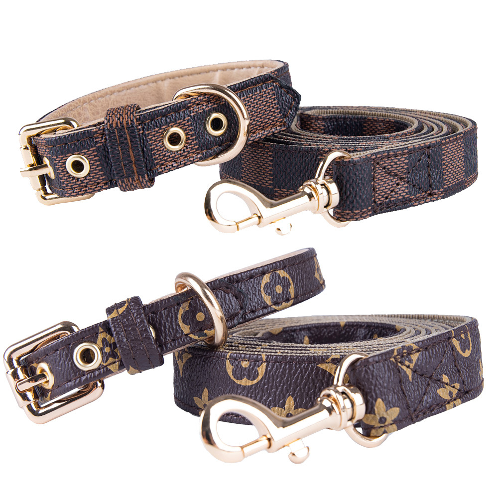 Old Flower Pet Collar PU Leather Dog Collar Traction Rope Cat Traction Collar Dog Walking Rope Anti-String Wear — image 1