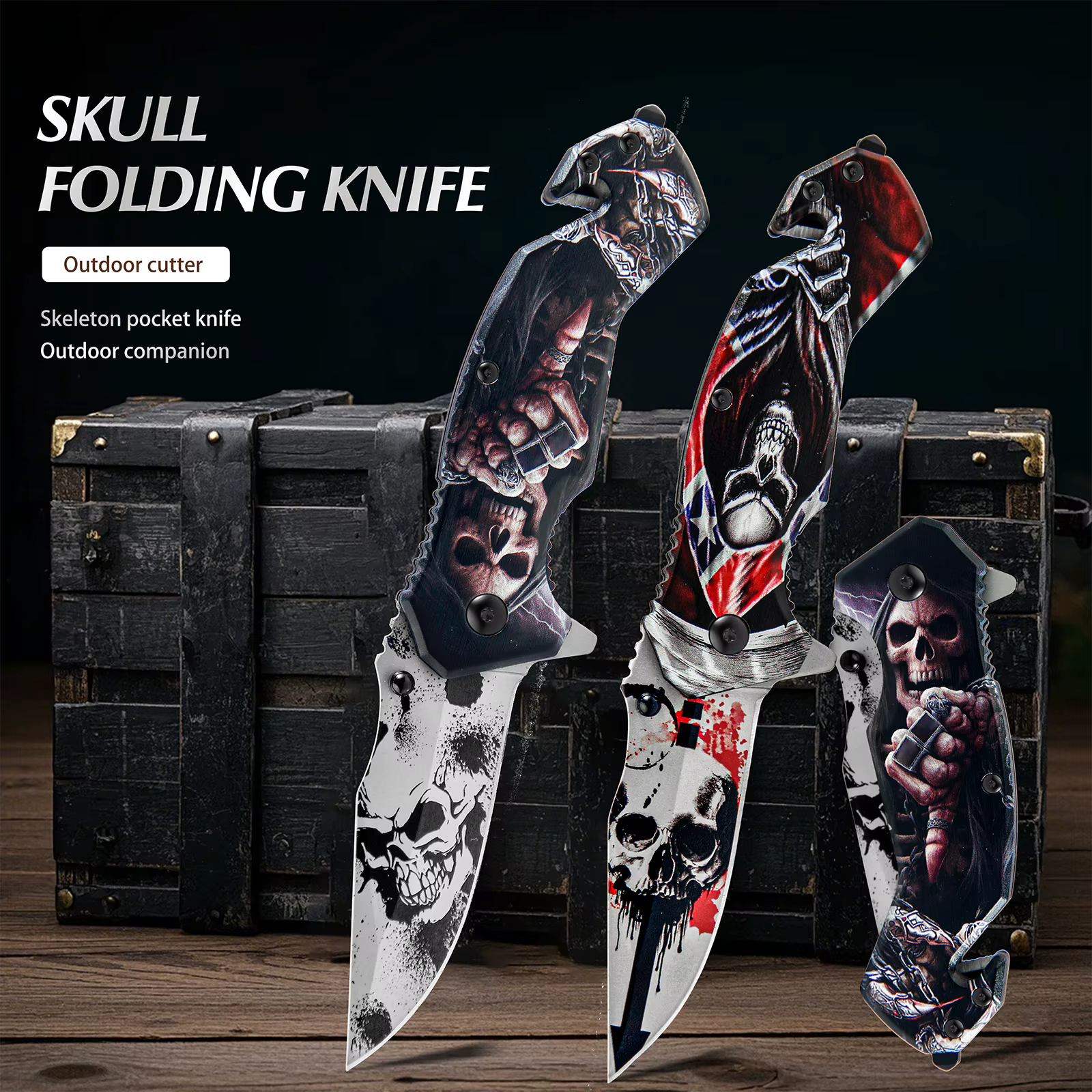 Cool Skull Ghost Head Pattern Stainless Steel Multi-purpose Folding Knife, Portable Rope Knife And Glass Shredder, Metal Handle, Perfect For Camping, Fishing And Outdoor Adventures, Perfect Gift For Men, Compound Holiday Gif — image 3
