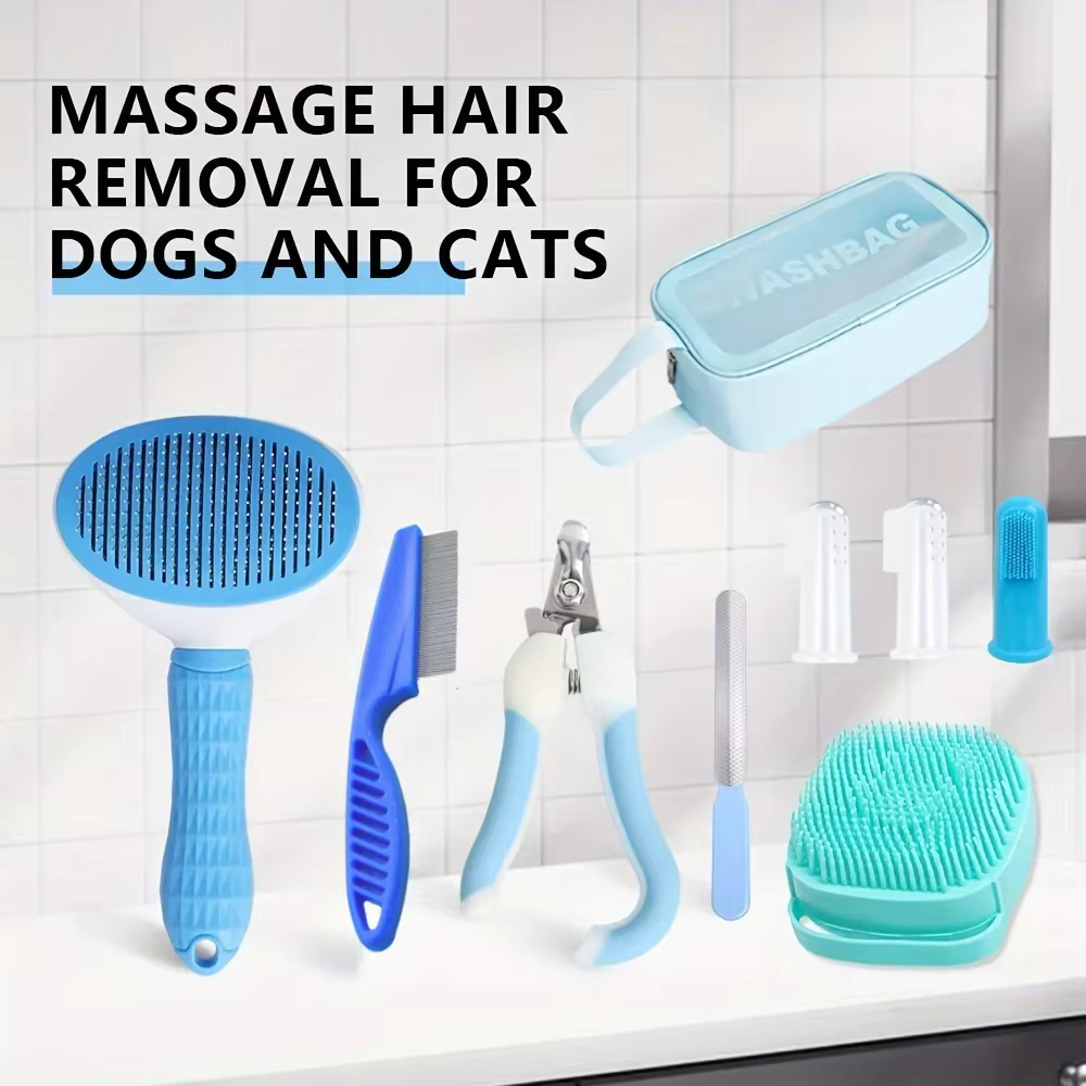 9 Pieces/pet Grooming Kit Includes Hair Removal Brush, Flea Brush, Bath Brush, Nail Clipper and Toothbrush, Storage Bag — image 3
